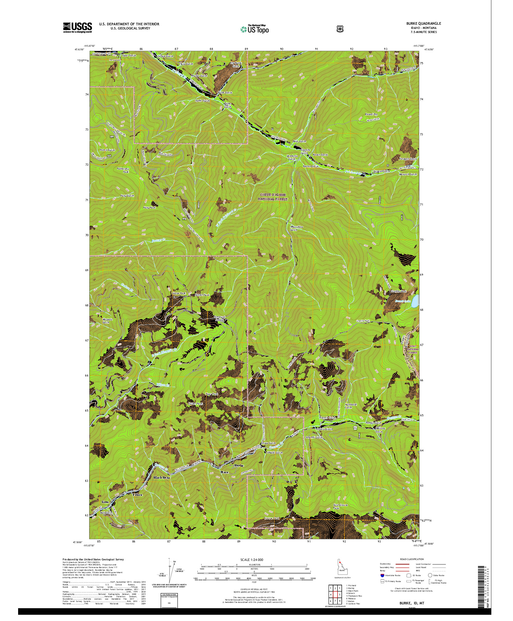 USGS US TOPO 7.5-MINUTE MAP FOR BURKE, ID,MT 2020
