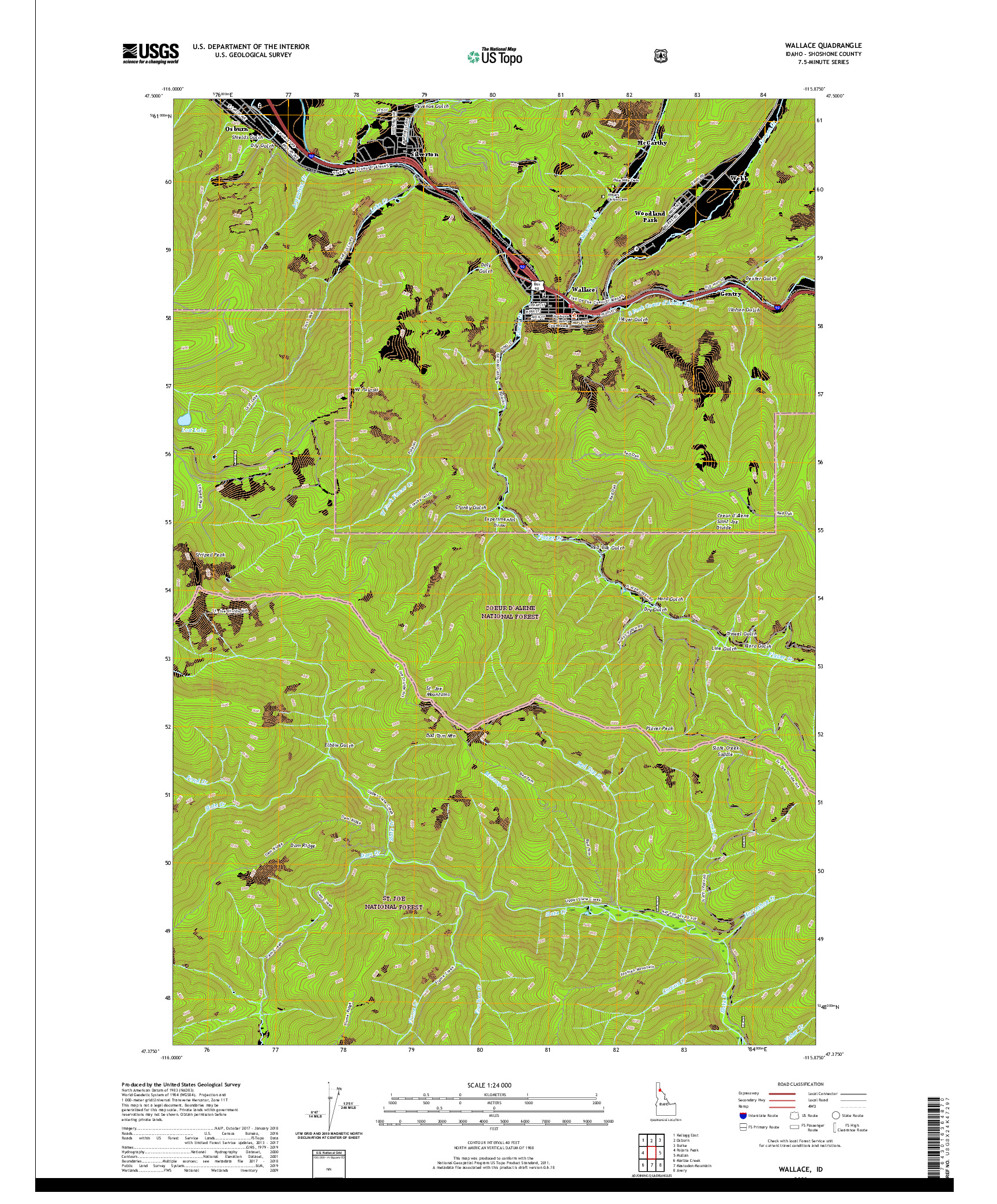 USGS US TOPO 7.5-MINUTE MAP FOR WALLACE, ID 2020