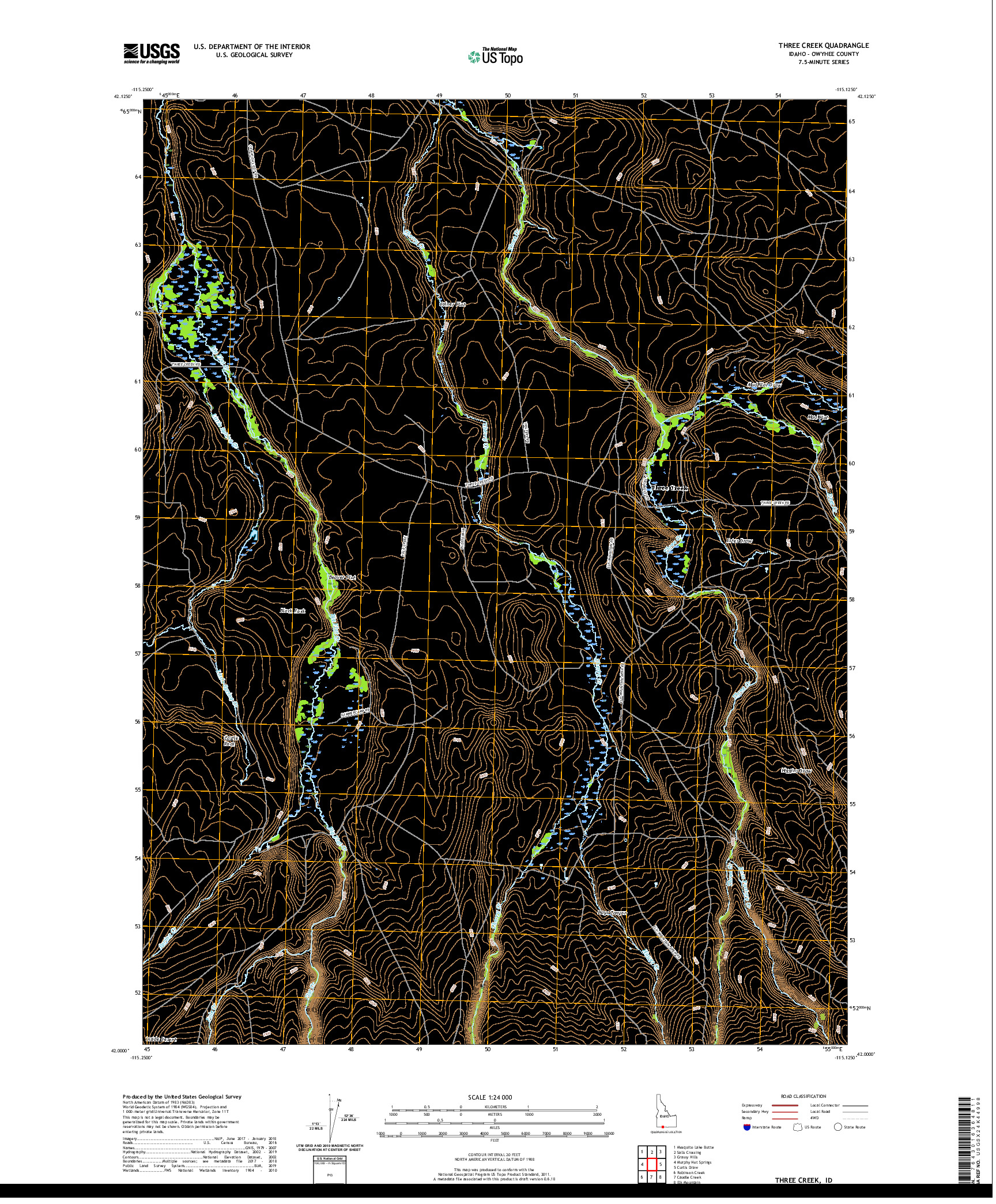 USGS US TOPO 7.5-MINUTE MAP FOR THREE CREEK, ID 2020