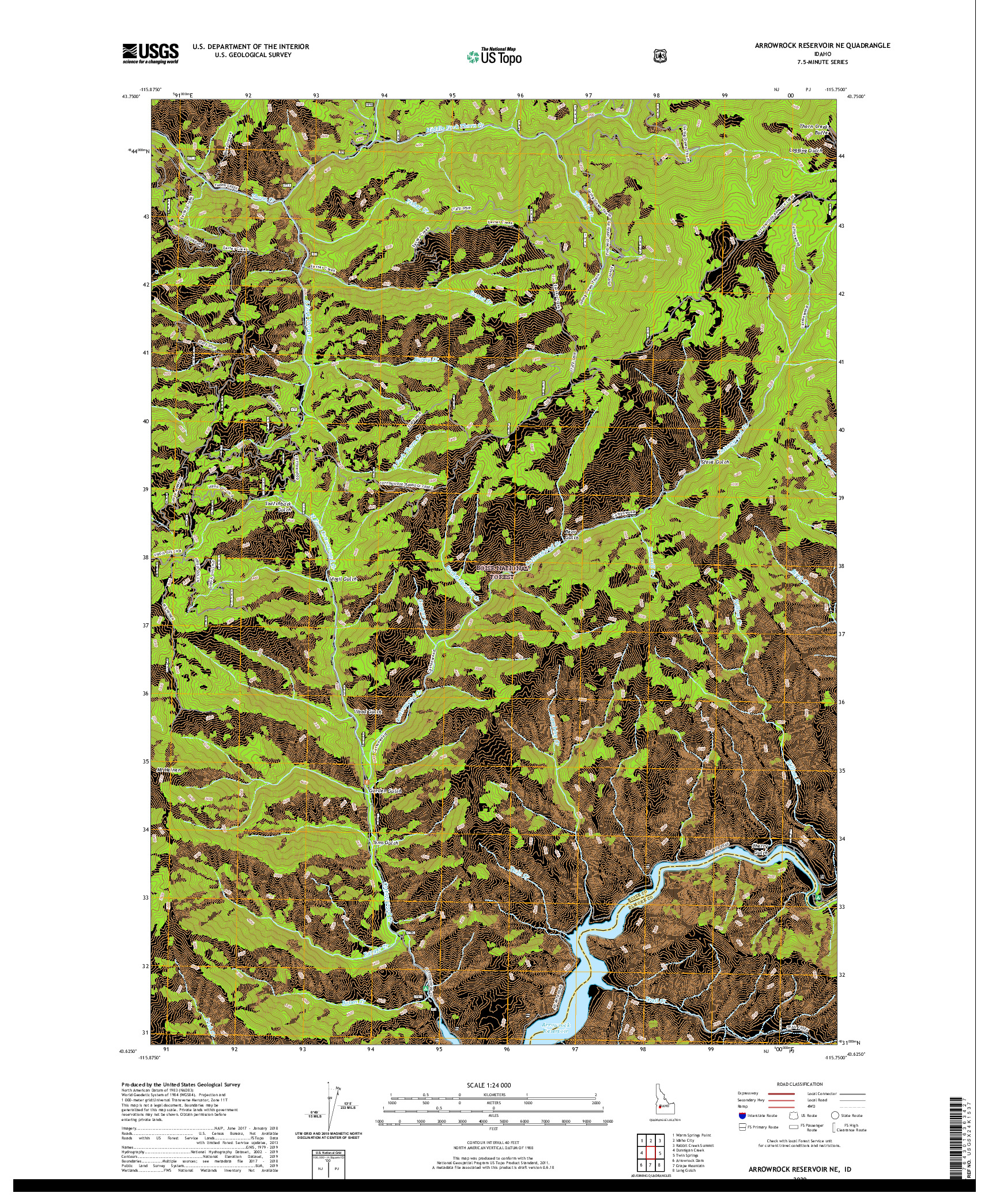 USGS US TOPO 7.5-MINUTE MAP FOR ARROWROCK RESERVOIR NE, ID 2020