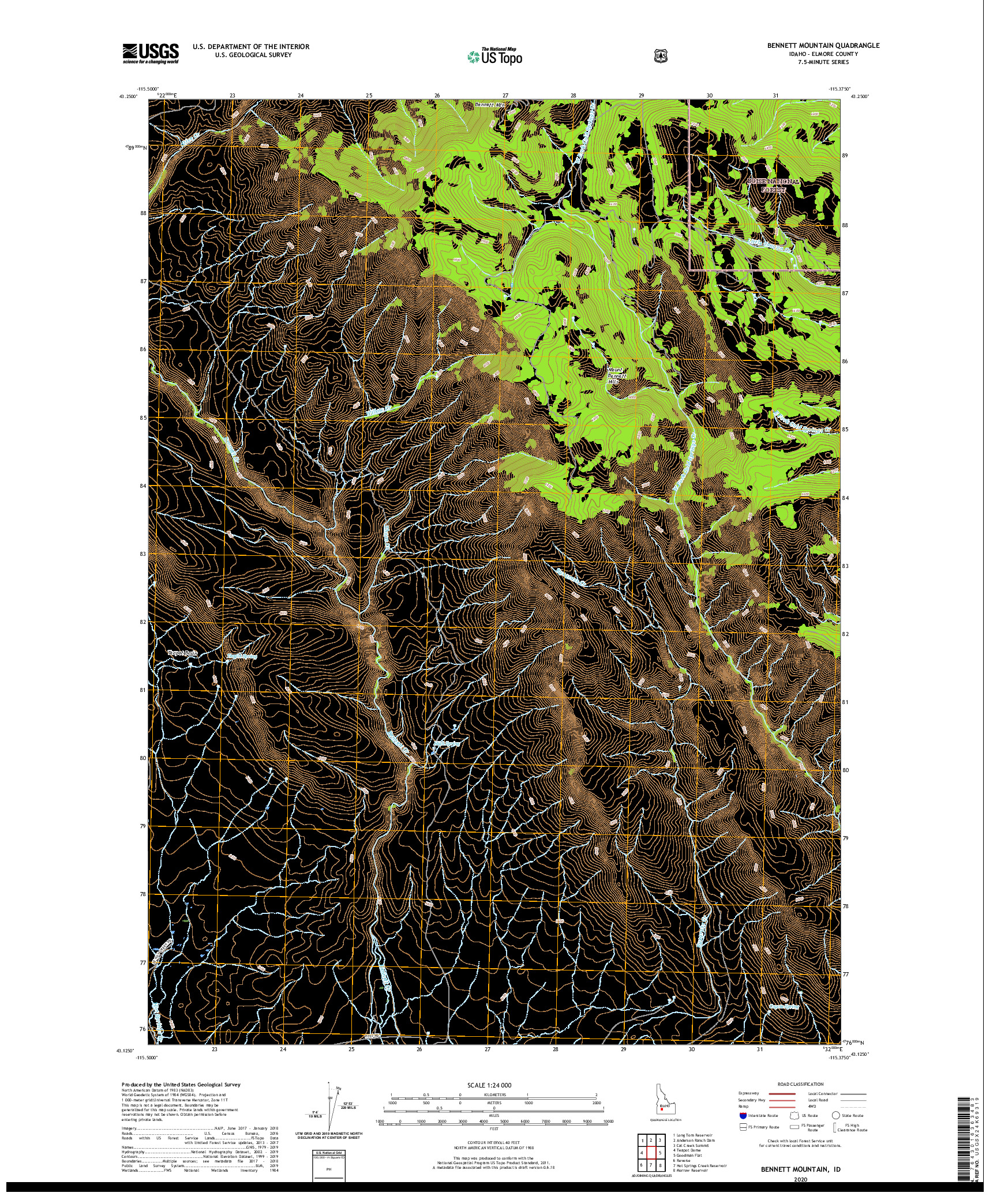 USGS US TOPO 7.5-MINUTE MAP FOR BENNETT MOUNTAIN, ID 2020