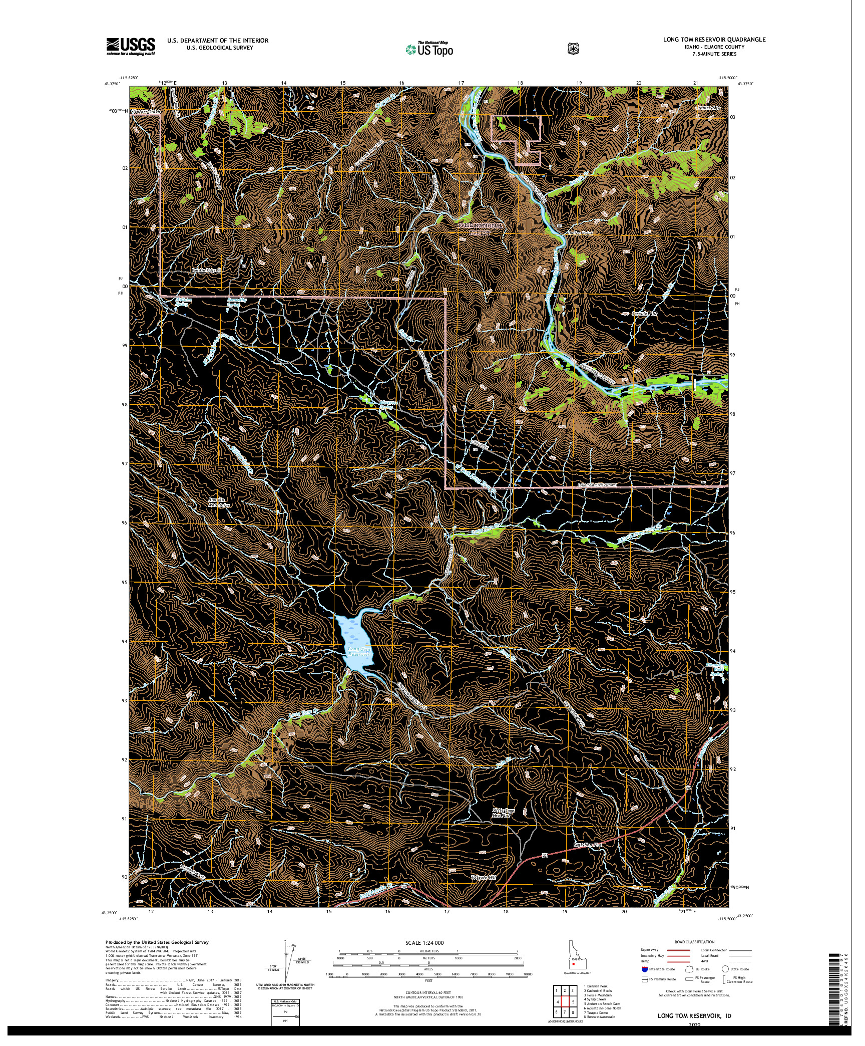 USGS US TOPO 7.5-MINUTE MAP FOR LONG TOM RESERVOIR, ID 2020