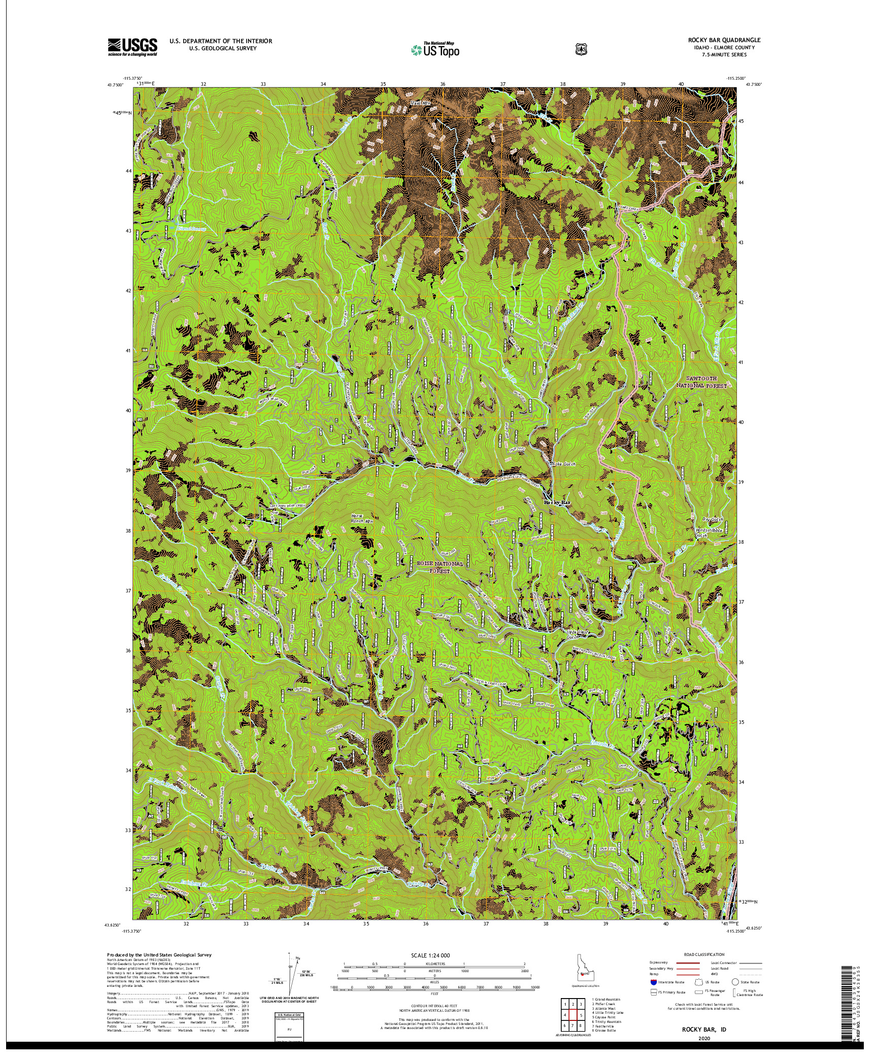 USGS US TOPO 7.5-MINUTE MAP FOR ROCKY BAR, ID 2020