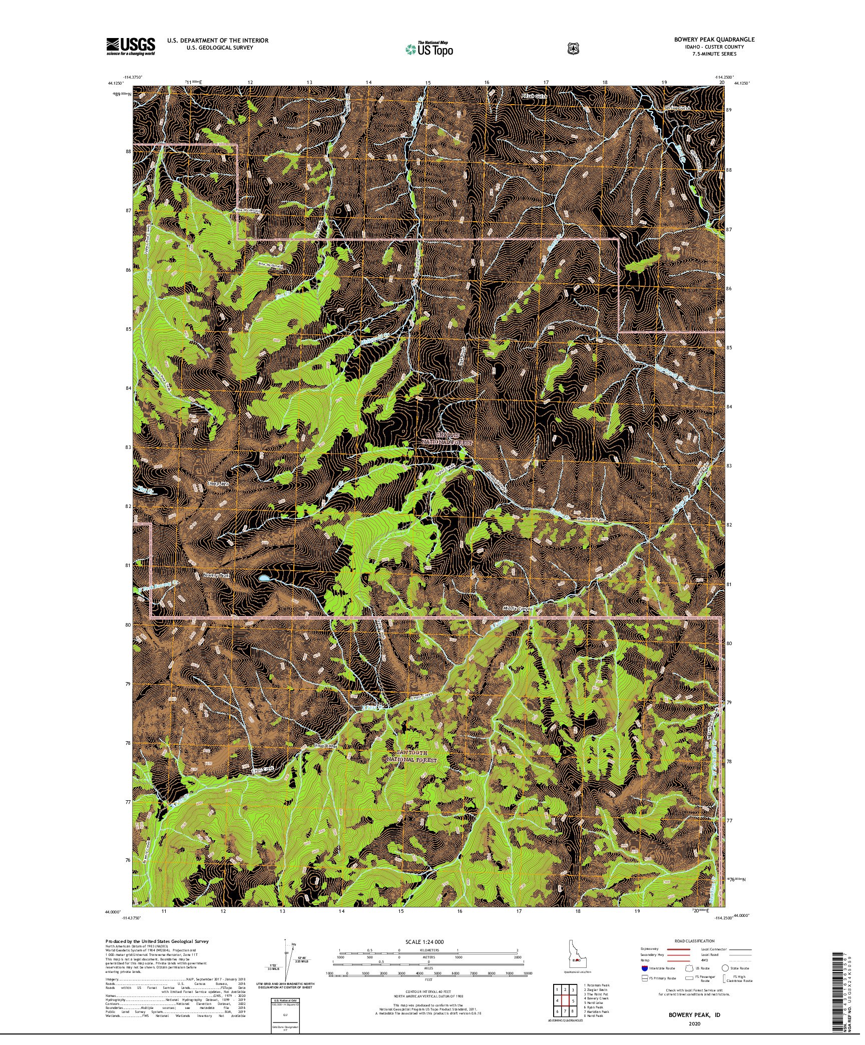 USGS US TOPO 7.5-MINUTE MAP FOR BOWERY PEAK, ID 2020