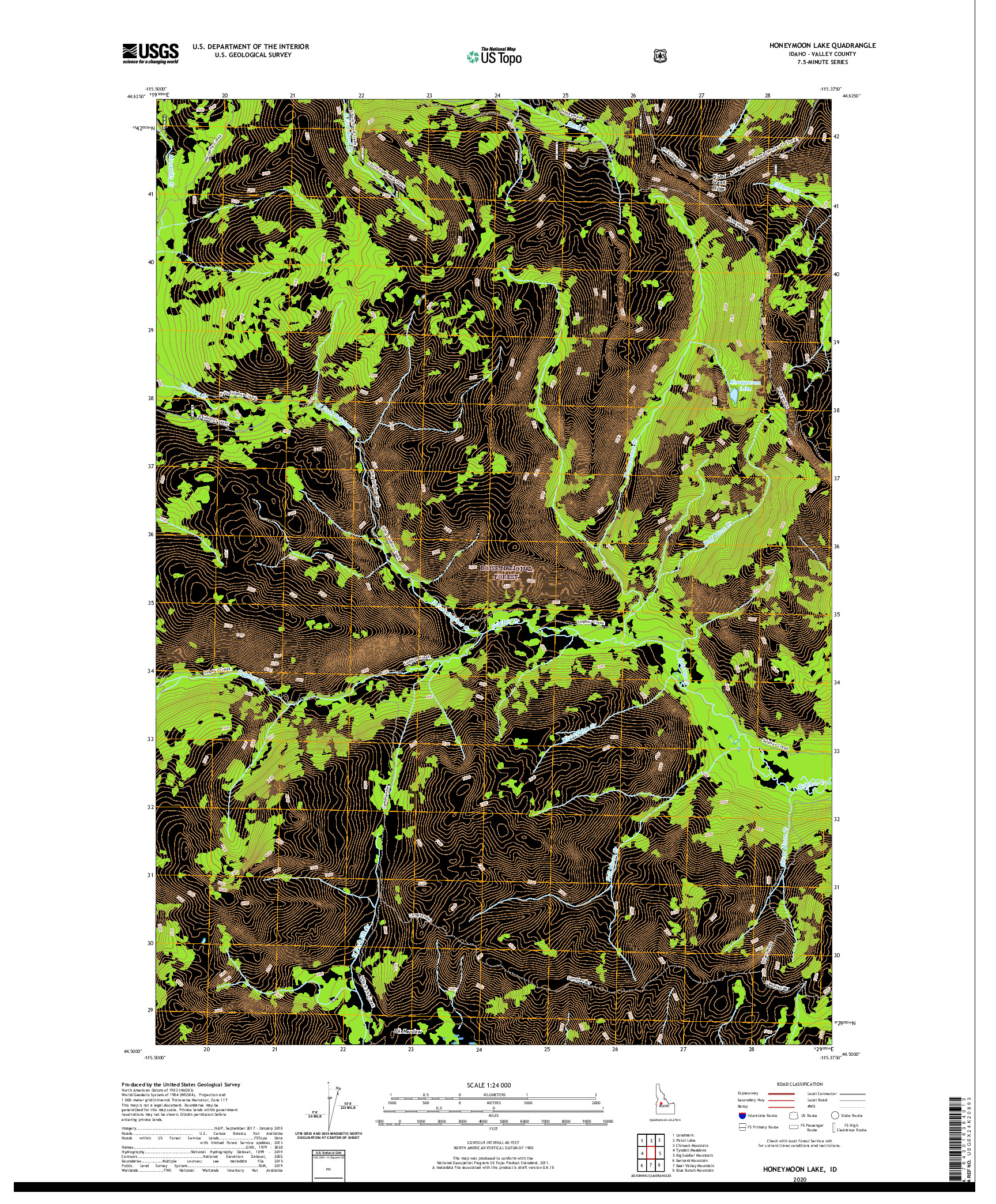 USGS US TOPO 7.5-MINUTE MAP FOR HONEYMOON LAKE, ID 2020