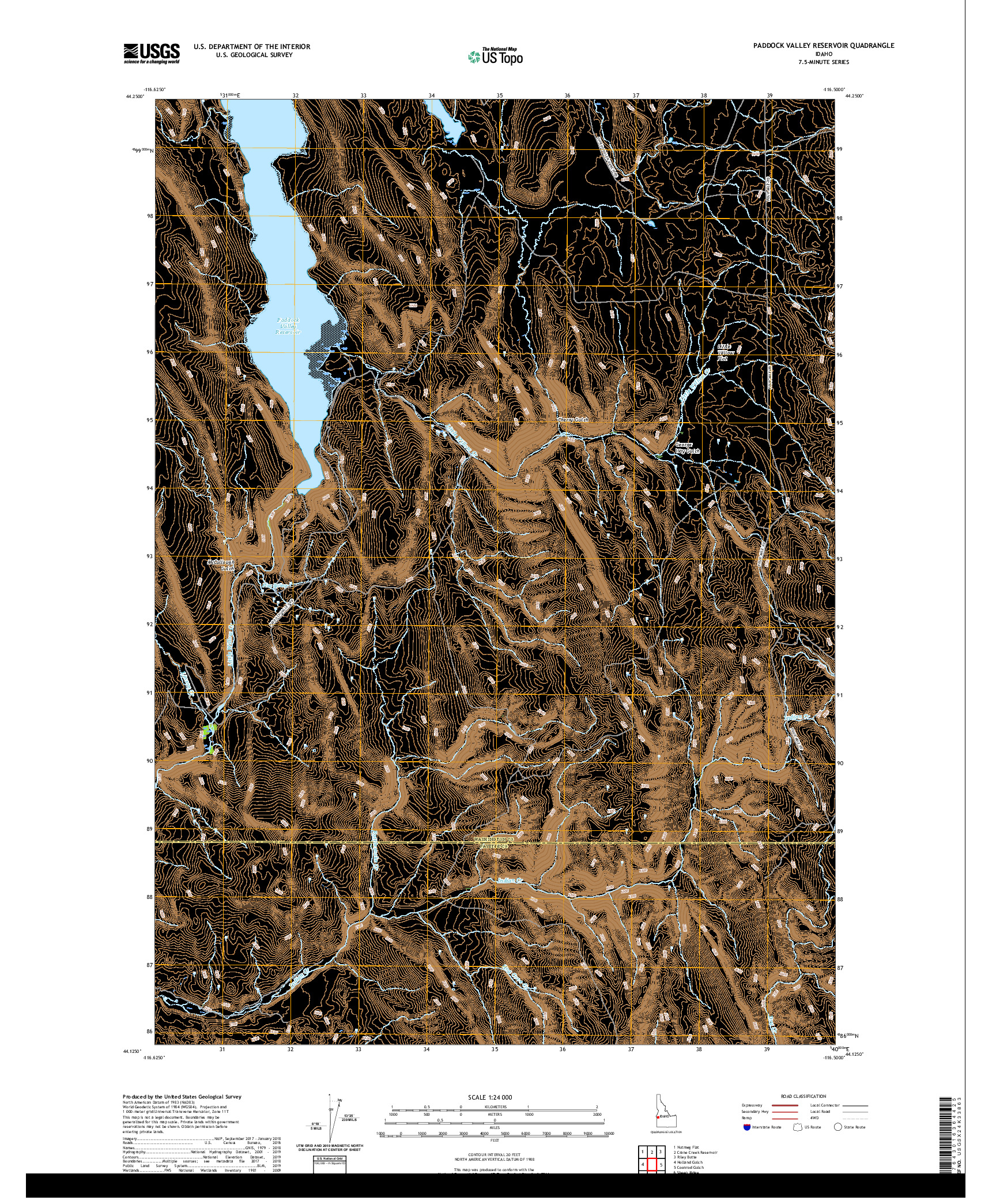 USGS US TOPO 7.5-MINUTE MAP FOR PADDOCK VALLEY RESERVOIR, ID 2020