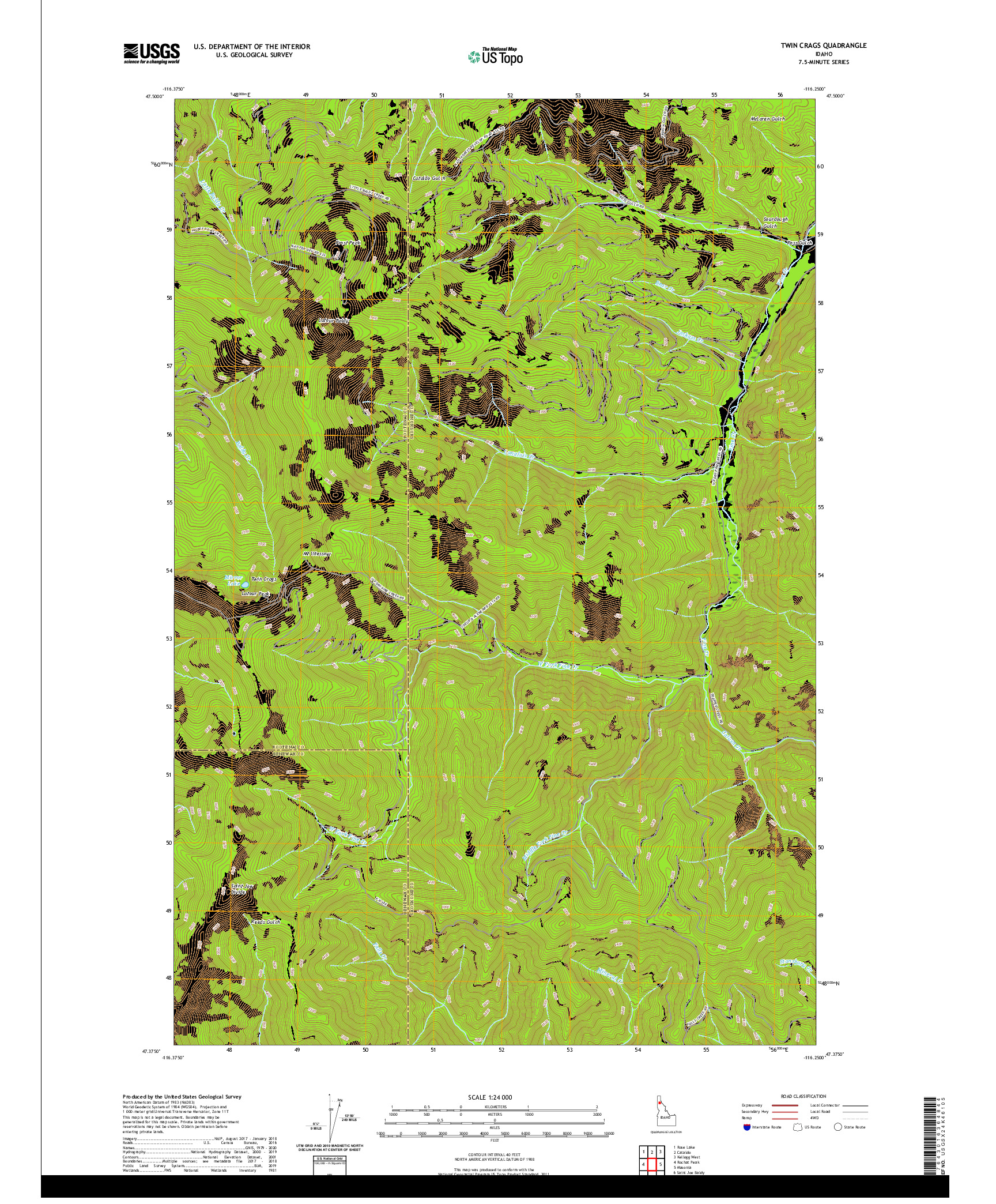 USGS US TOPO 7.5-MINUTE MAP FOR TWIN CRAGS, ID 2020