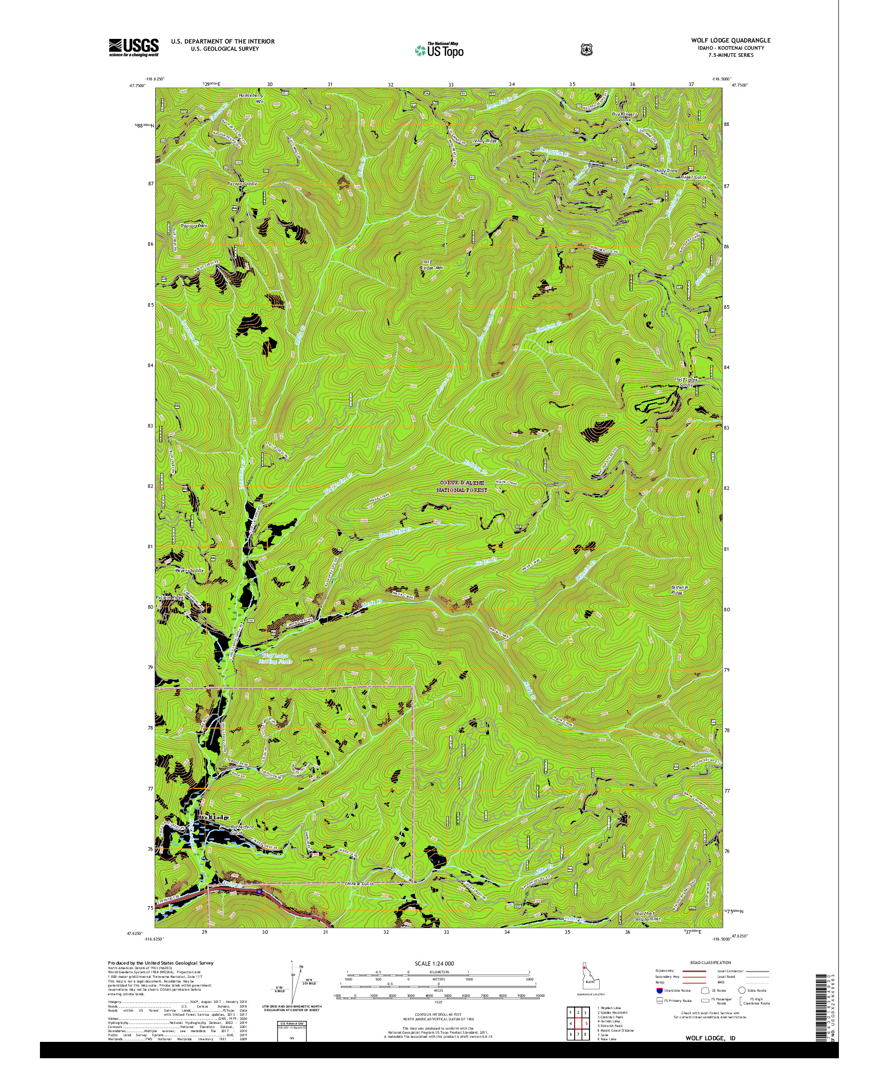 USGS US TOPO 7.5-MINUTE MAP FOR WOLF LODGE, ID 2020