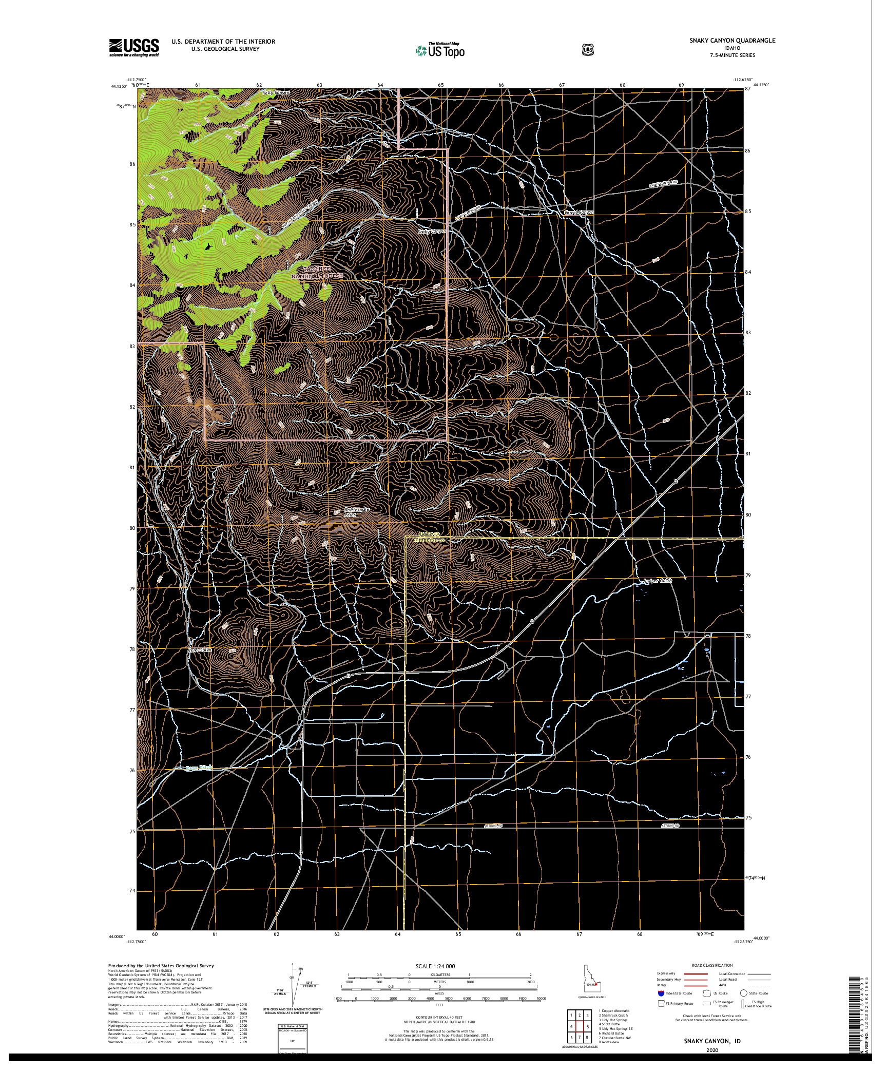 USGS US TOPO 7.5-MINUTE MAP FOR SNAKY CANYON, ID 2020