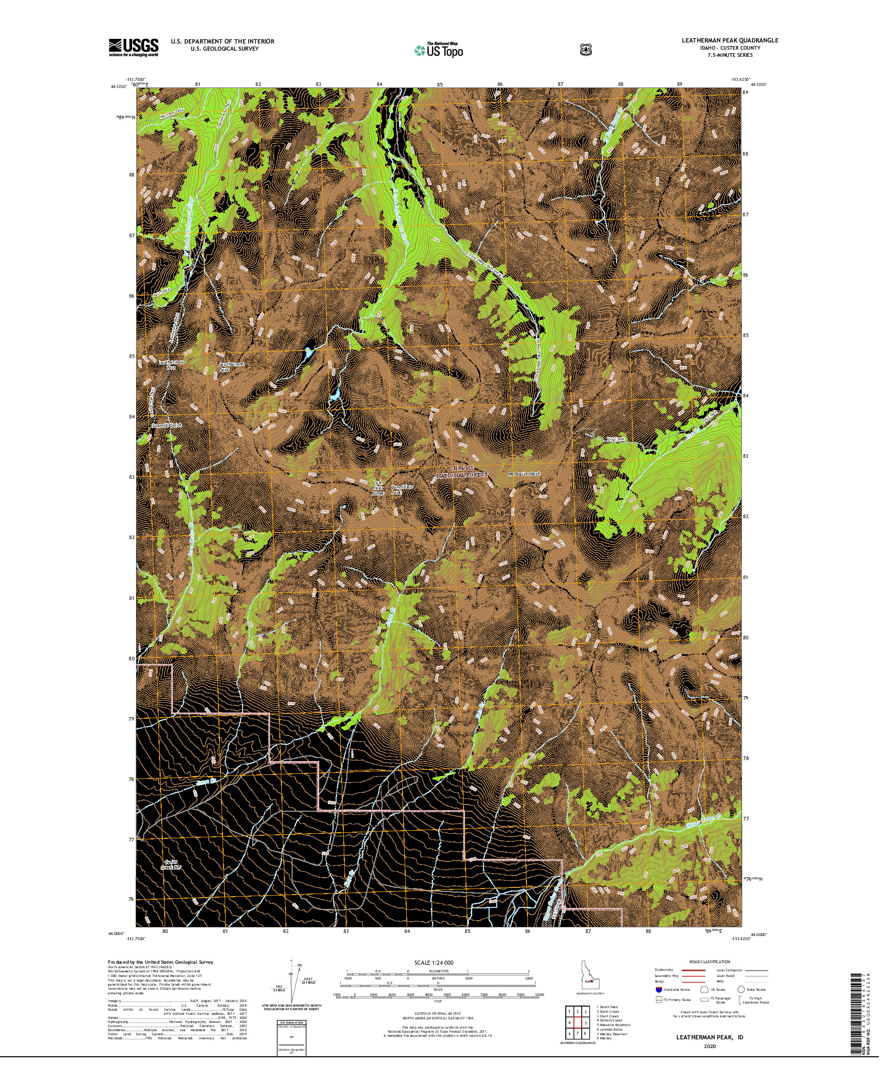 USGS US TOPO 7.5-MINUTE MAP FOR LEATHERMAN PEAK, ID 2020