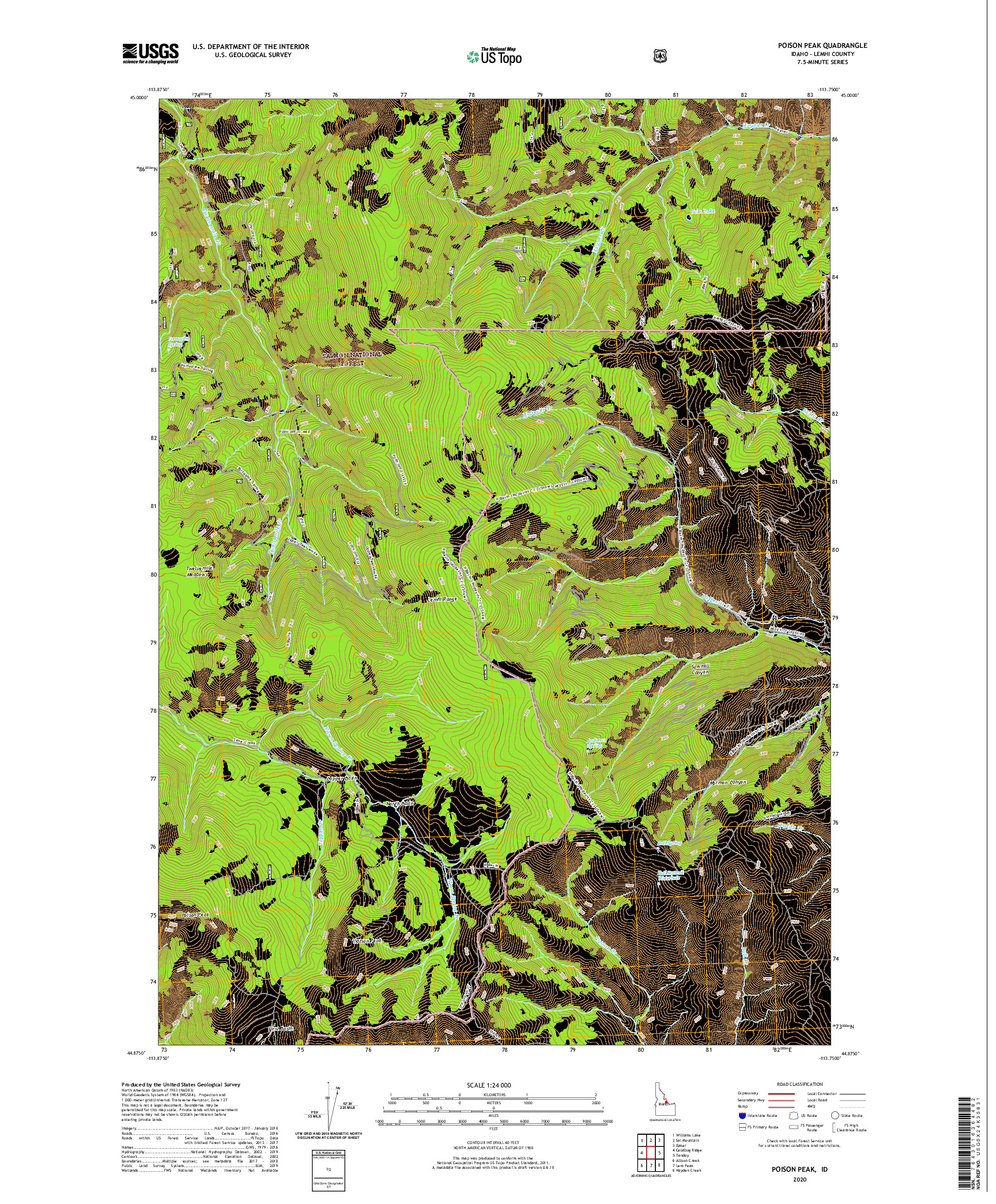 USGS US TOPO 7.5-MINUTE MAP FOR POISON PEAK, ID 2020