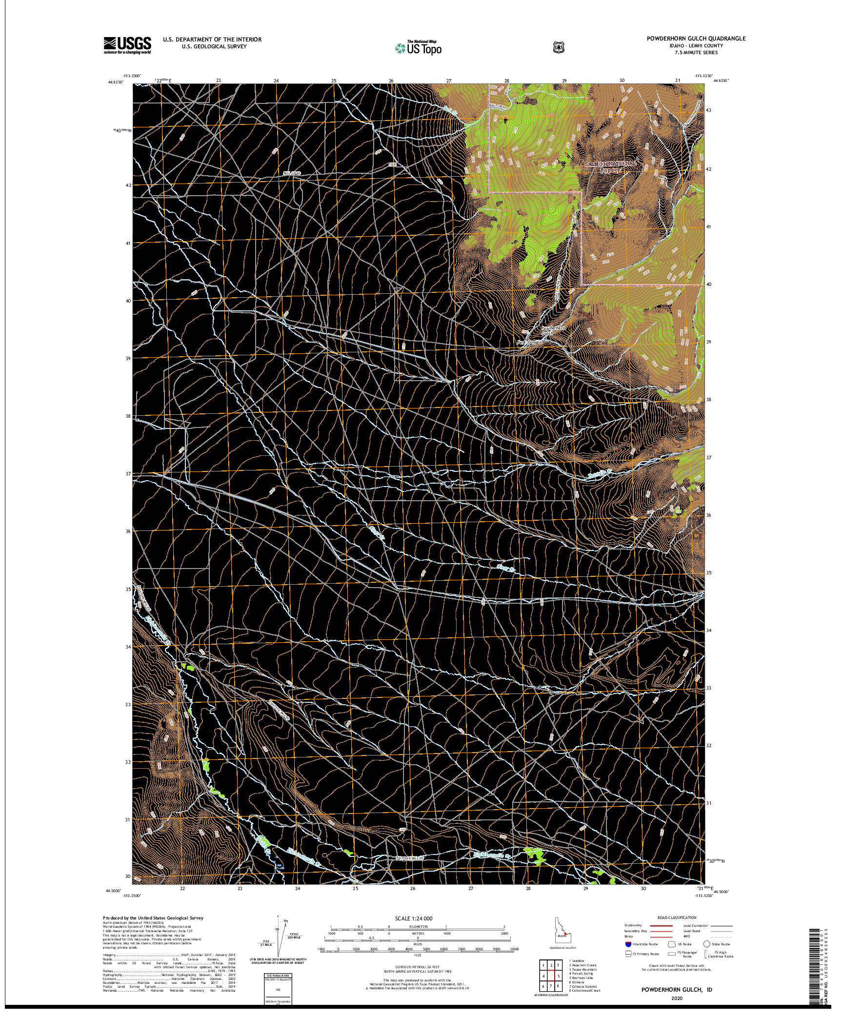 USGS US TOPO 7.5-MINUTE MAP FOR POWDERHORN GULCH, ID 2020