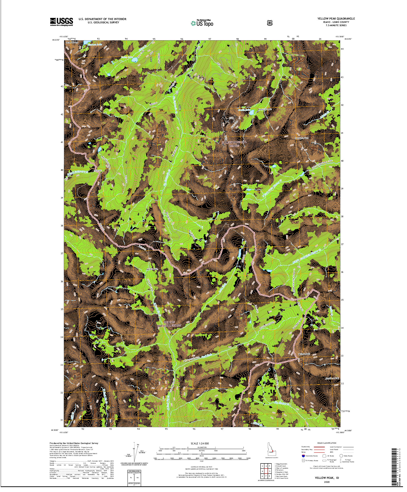 USGS US TOPO 7.5-MINUTE MAP FOR YELLOW PEAK, ID 2020