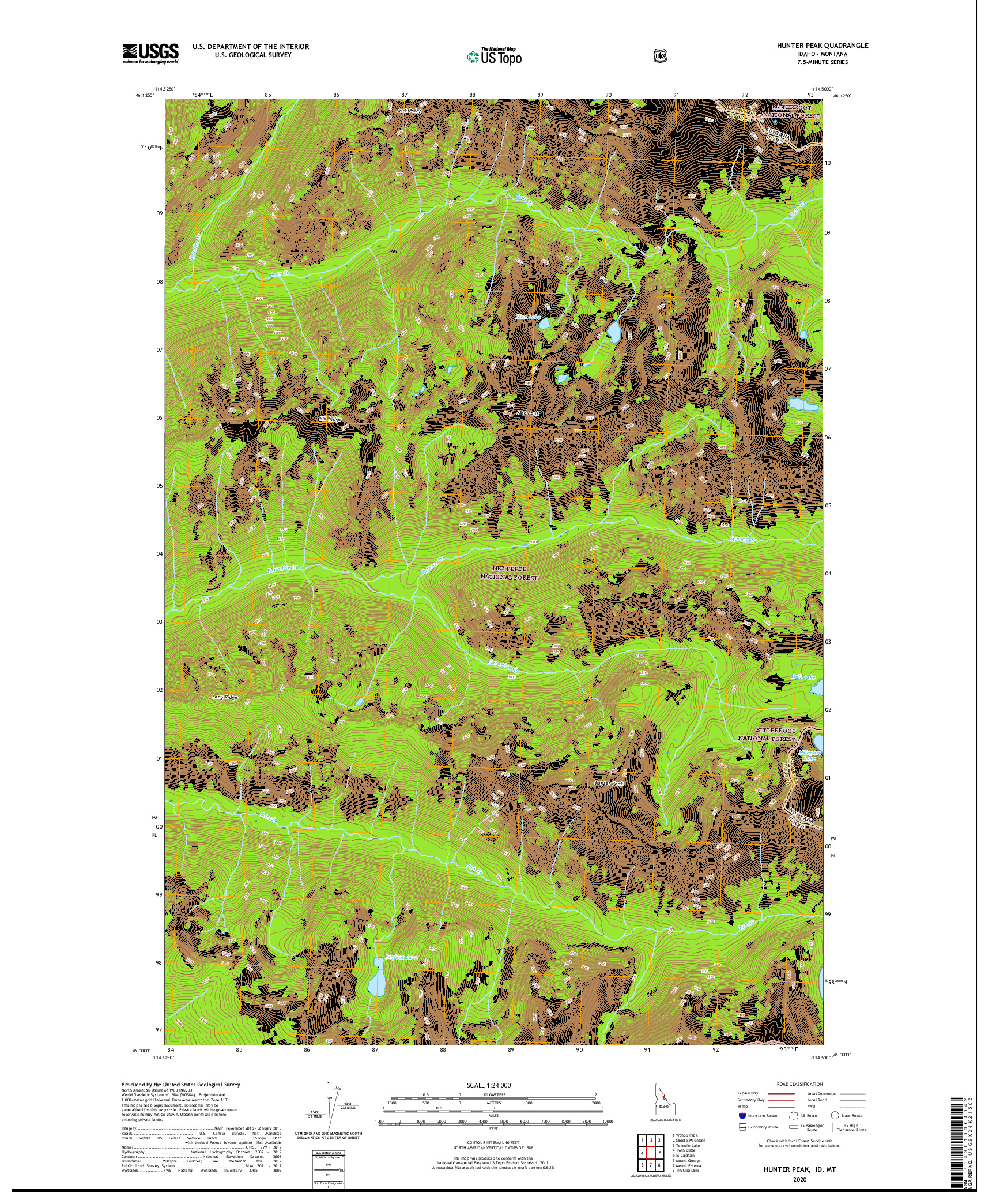 USGS US TOPO 7.5-MINUTE MAP FOR HUNTER PEAK, ID,MT 2020