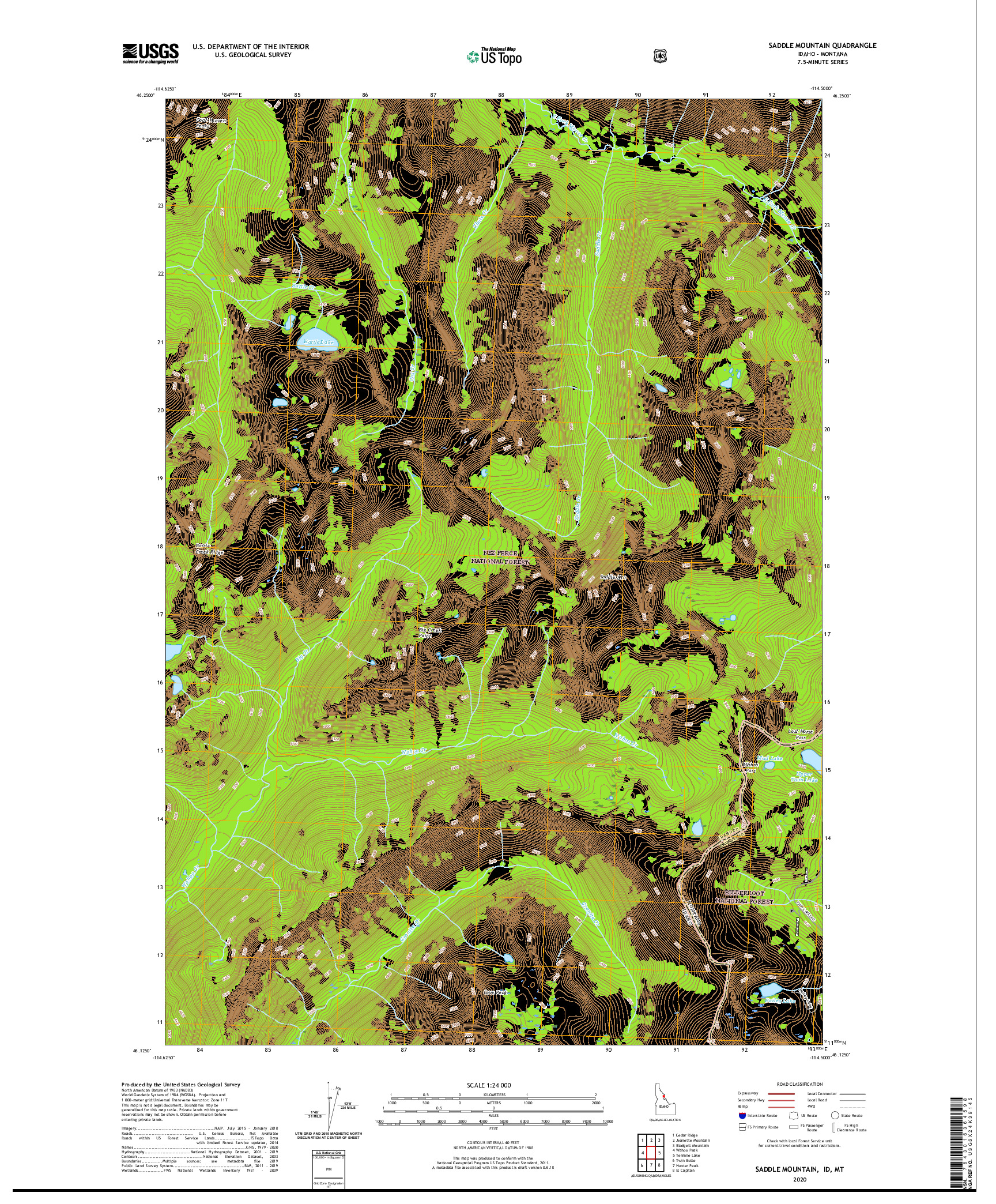 USGS US TOPO 7.5-MINUTE MAP FOR SADDLE MOUNTAIN, ID,MT 2020