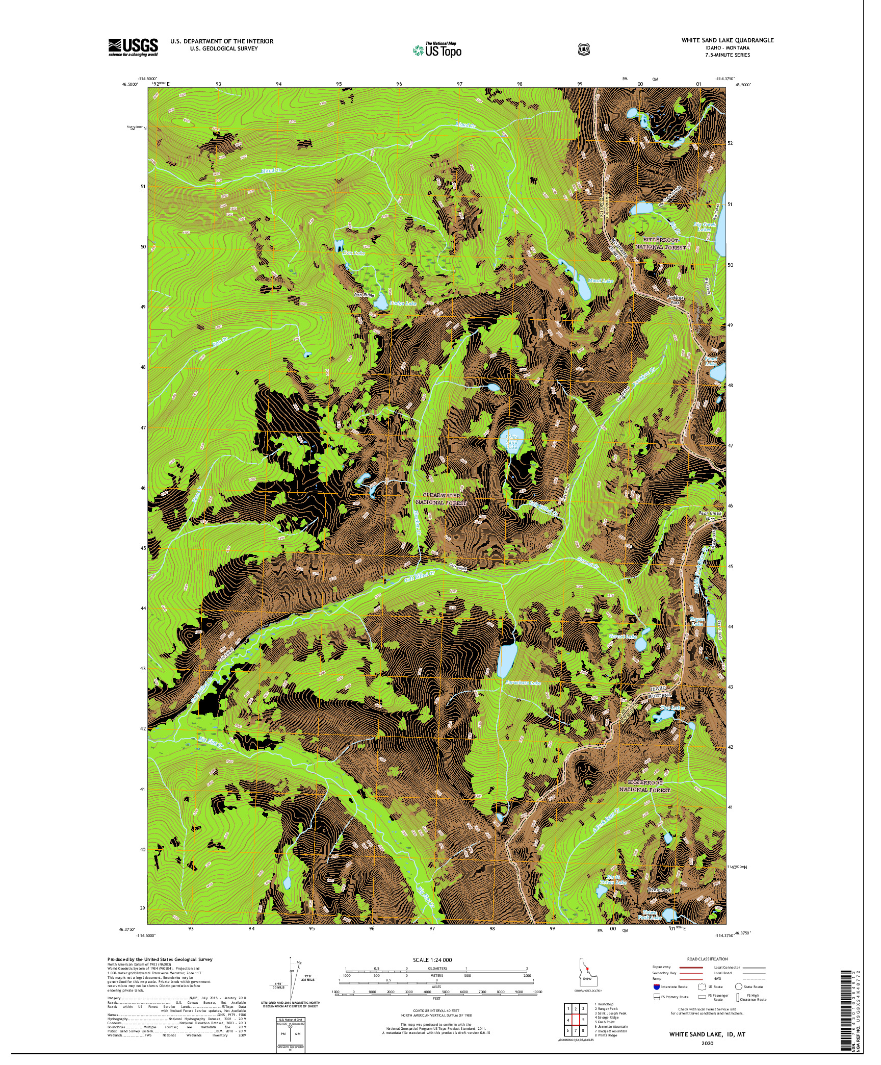 USGS US TOPO 7.5-MINUTE MAP FOR WHITE SAND LAKE, ID,MT 2020