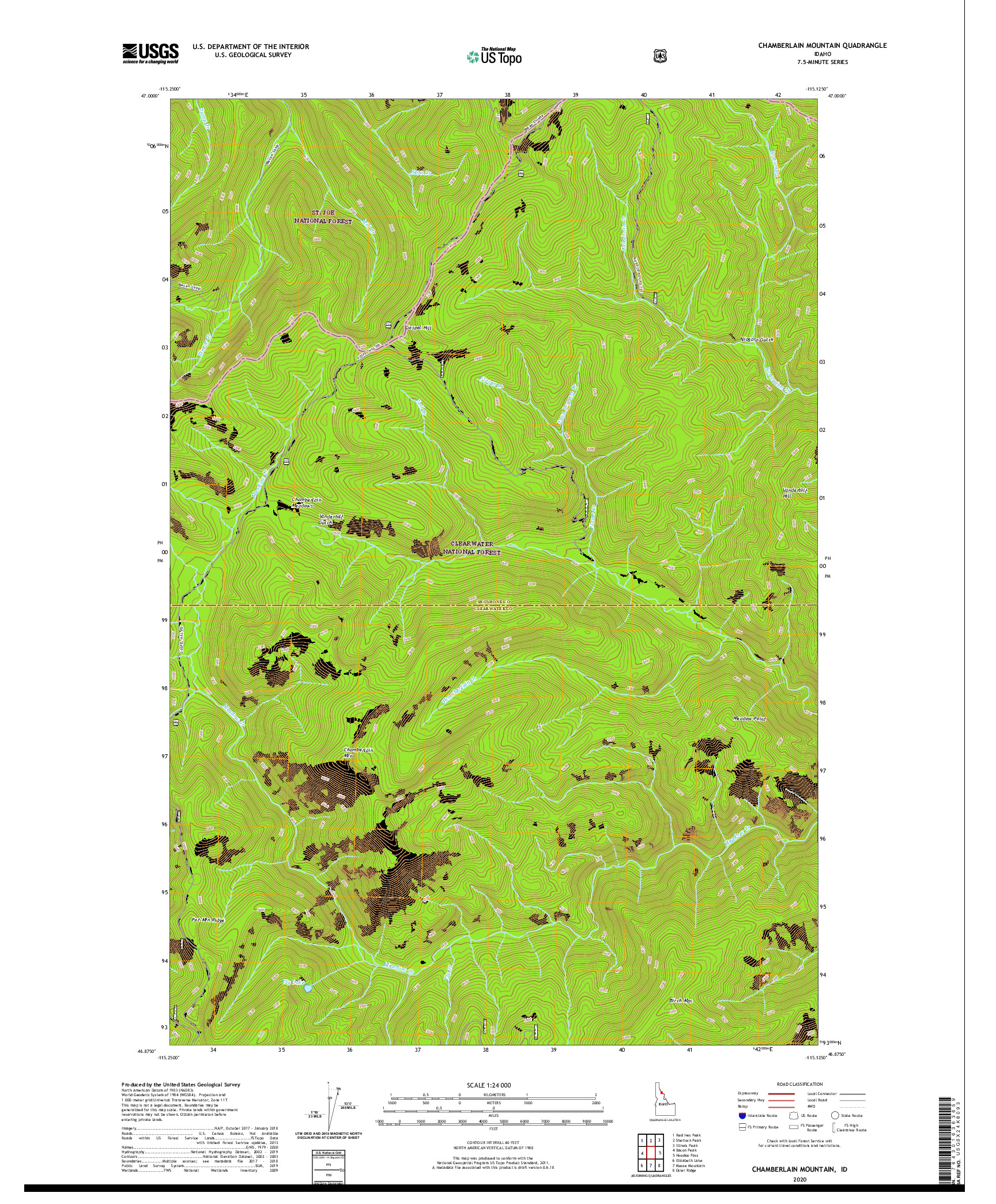 USGS US TOPO 7.5-MINUTE MAP FOR CHAMBERLAIN MOUNTAIN, ID 2020