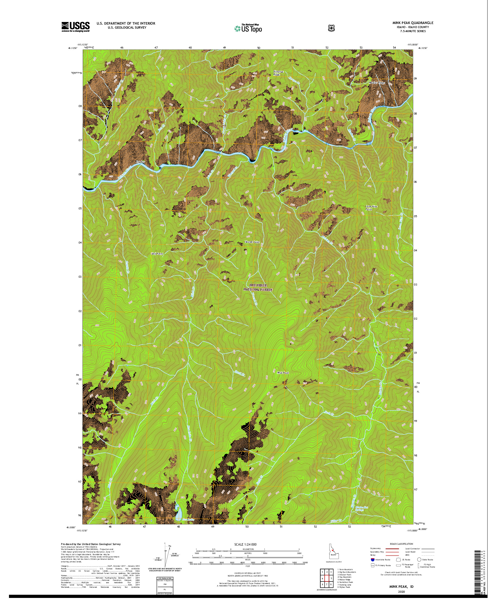 USGS US TOPO 7.5-MINUTE MAP FOR MINK PEAK, ID 2020