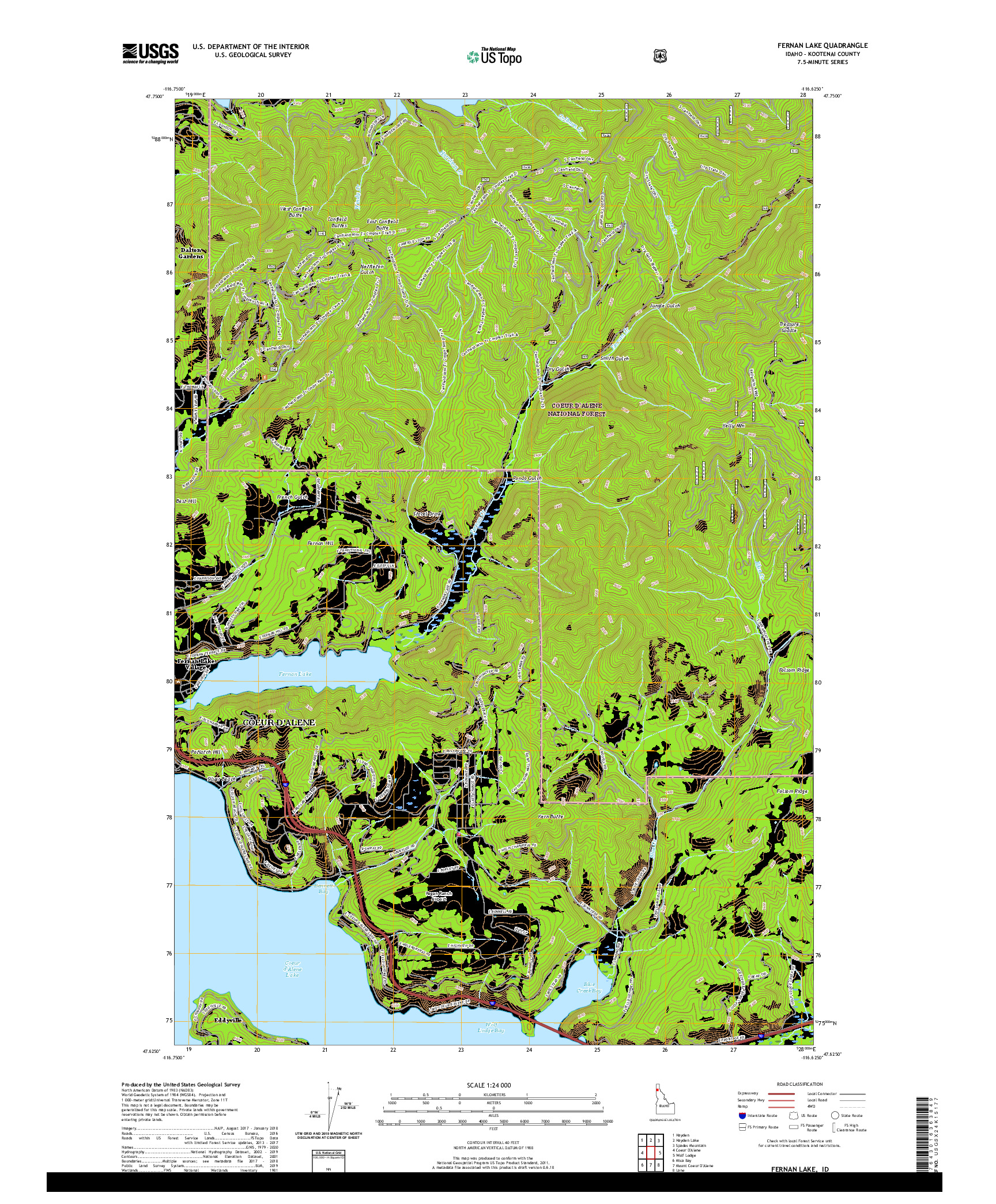 USGS US TOPO 7.5-MINUTE MAP FOR FERNAN LAKE, ID 2020