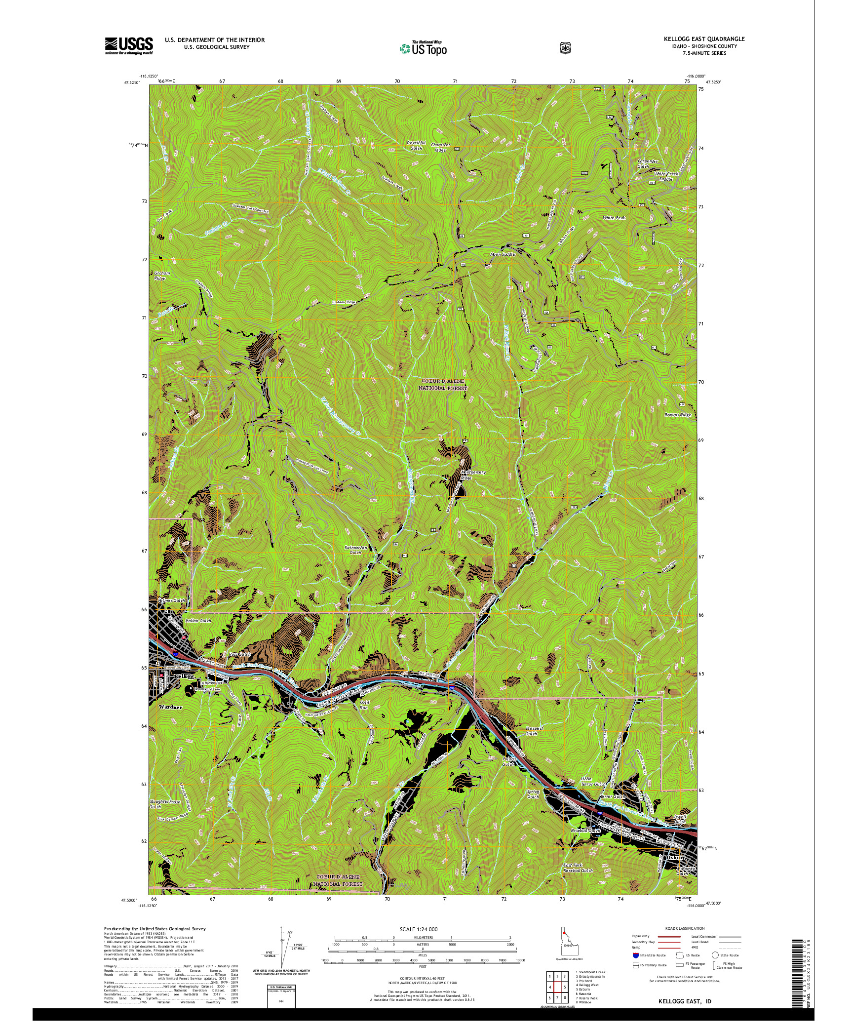 USGS US TOPO 7.5-MINUTE MAP FOR KELLOGG EAST, ID 2020