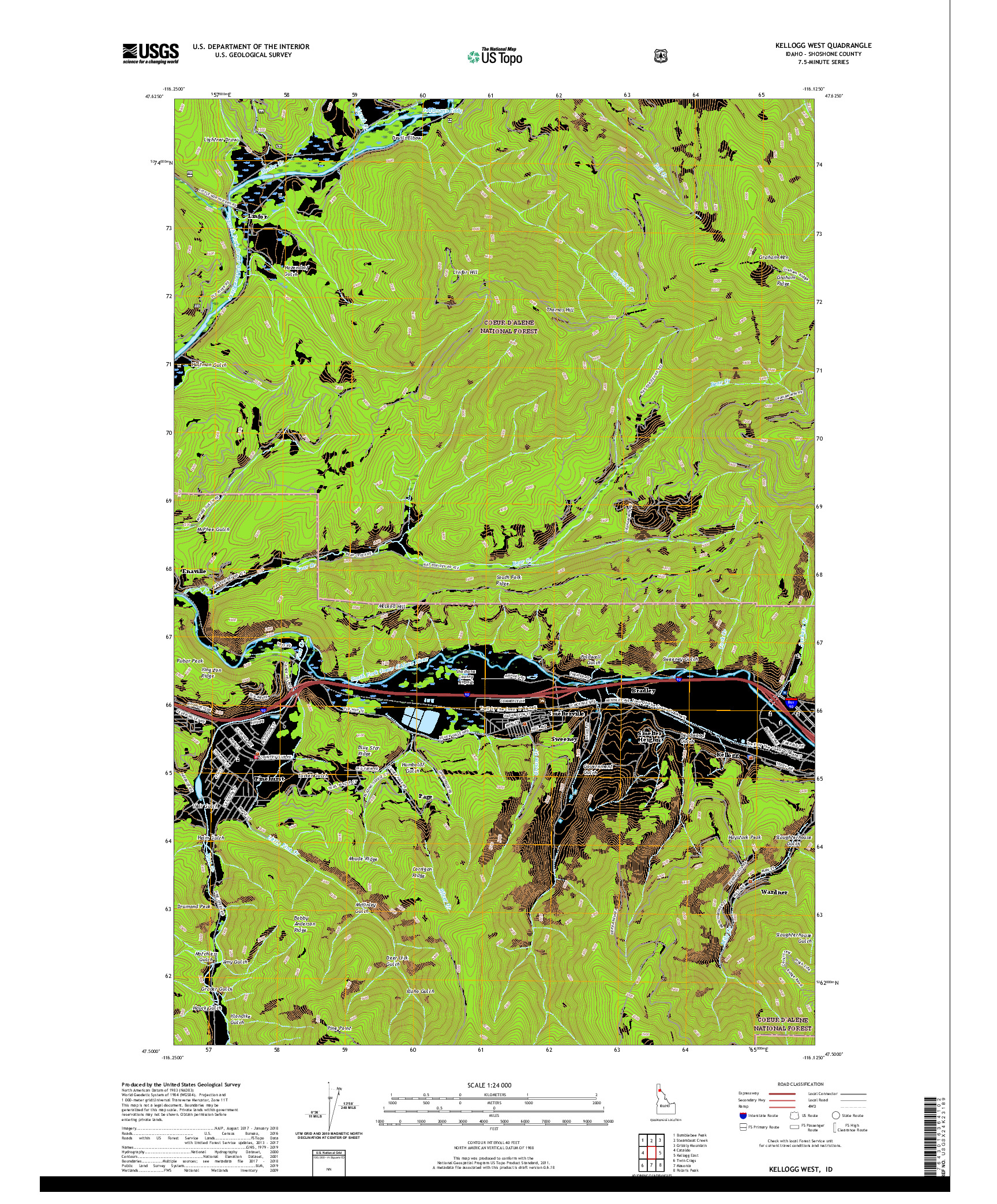 USGS US TOPO 7.5-MINUTE MAP FOR KELLOGG WEST, ID 2020