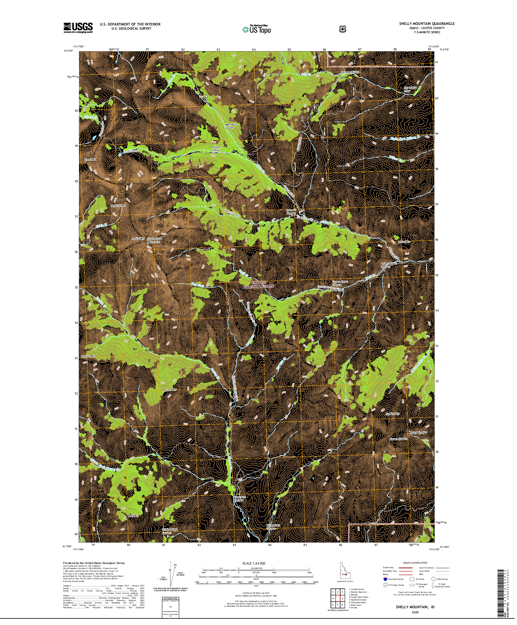 USGS US TOPO 7.5-MINUTE MAP FOR SHELLY MOUNTAIN, ID 2020