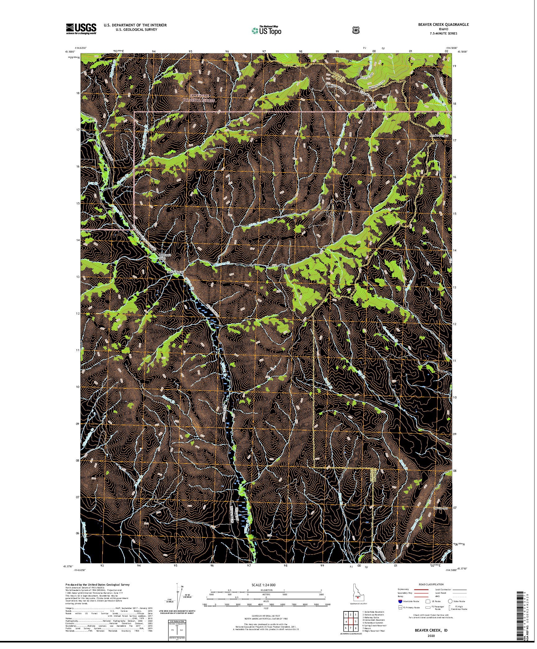 USGS US TOPO 7.5-MINUTE MAP FOR BEAVER CREEK, ID 2020