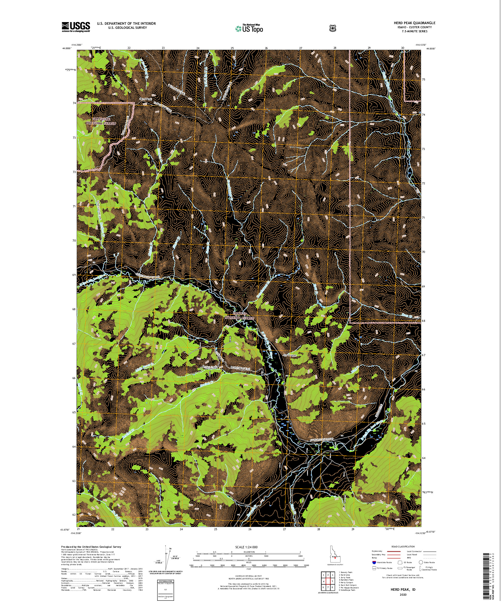 USGS US TOPO 7.5-MINUTE MAP FOR HERD PEAK, ID 2020