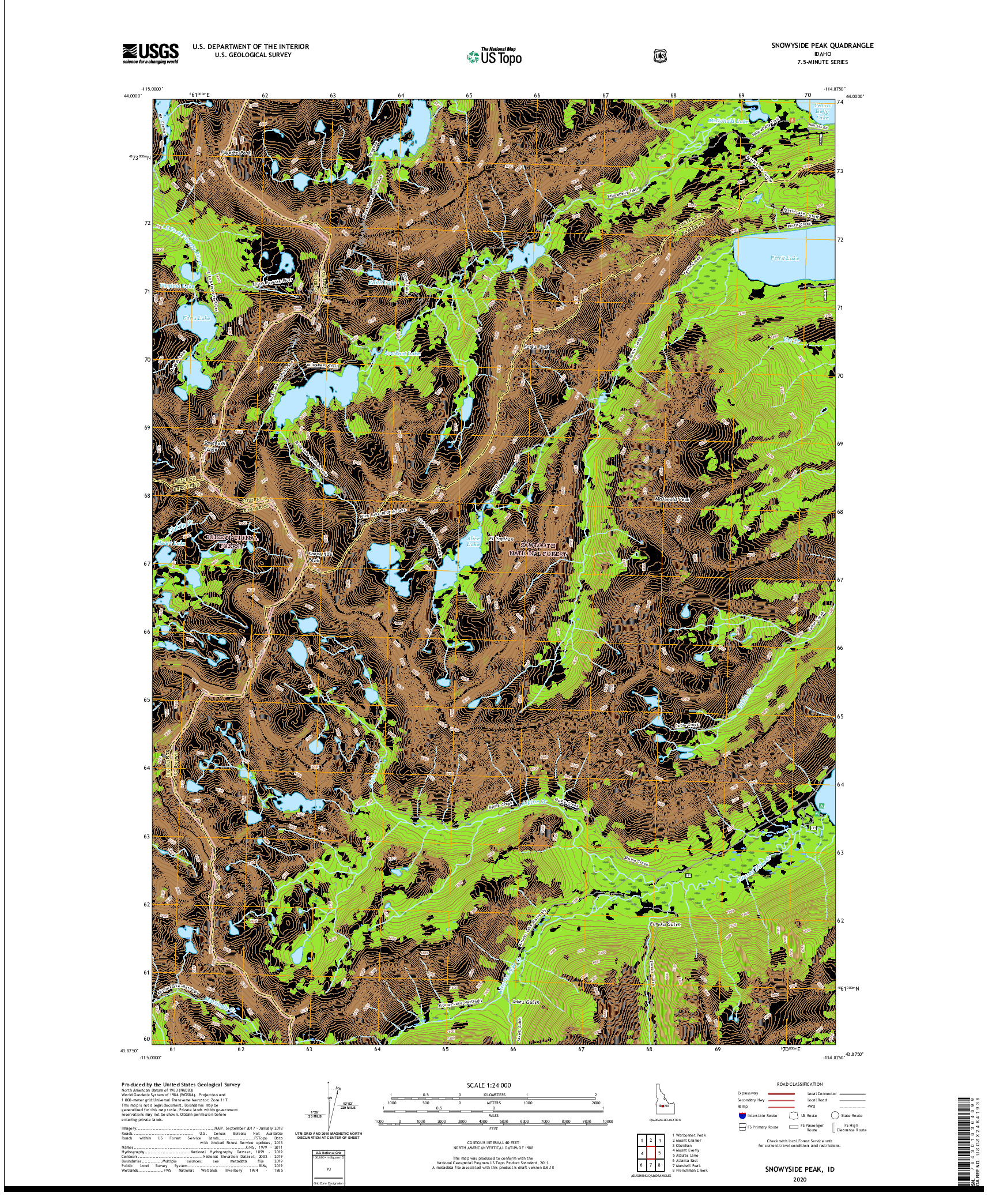 USGS US TOPO 7.5-MINUTE MAP FOR SNOWYSIDE PEAK, ID 2020