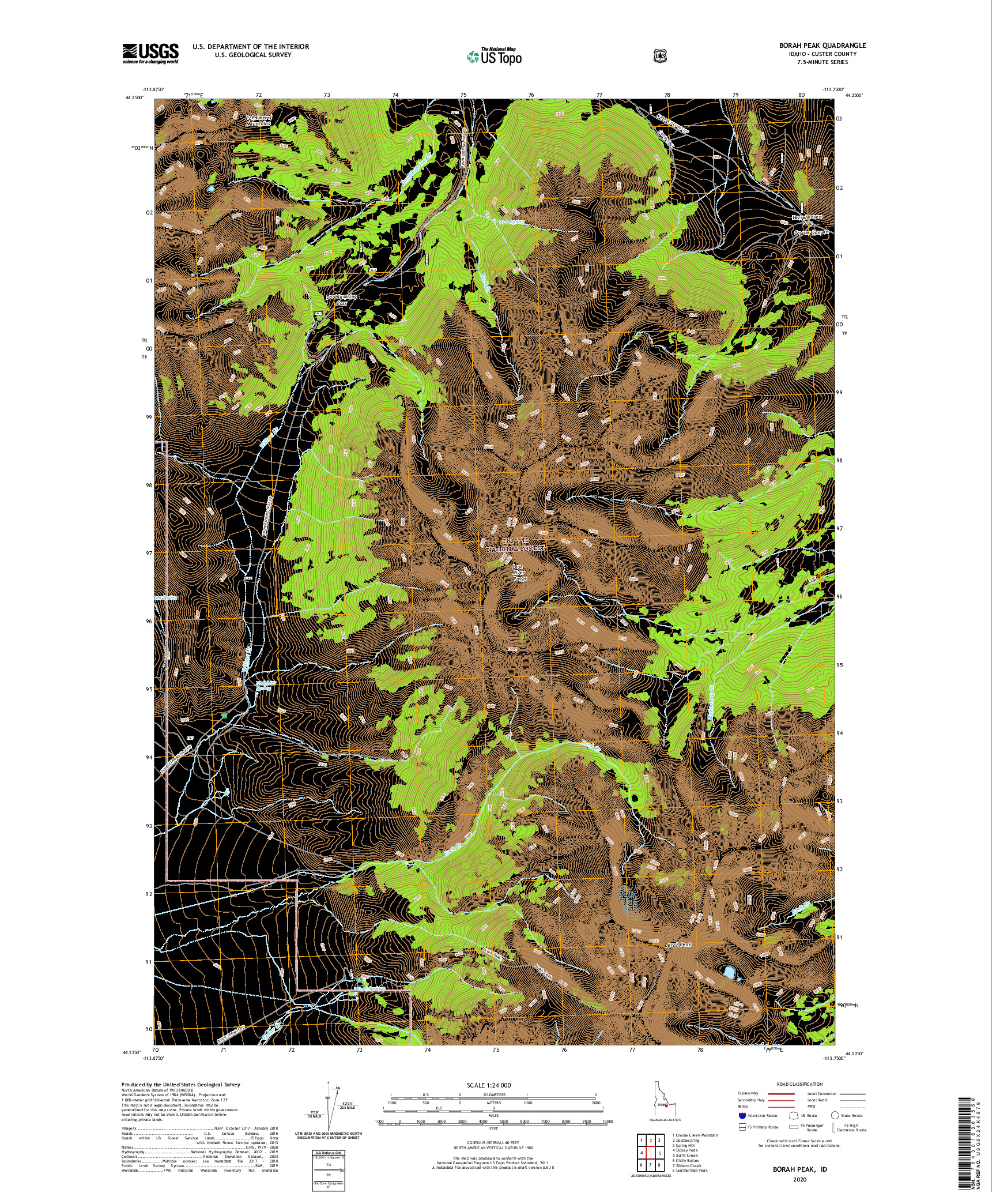 USGS US TOPO 7.5-MINUTE MAP FOR BORAH PEAK, ID 2020