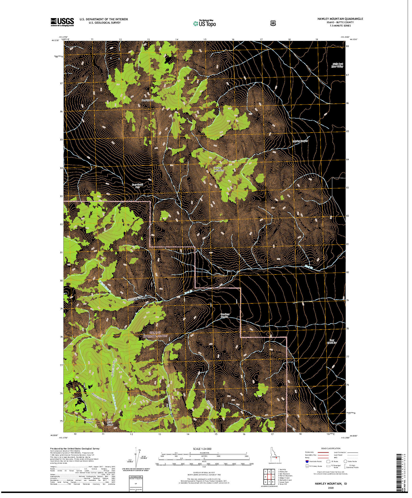 USGS US TOPO 7.5-MINUTE MAP FOR HAWLEY MOUNTAIN, ID 2020