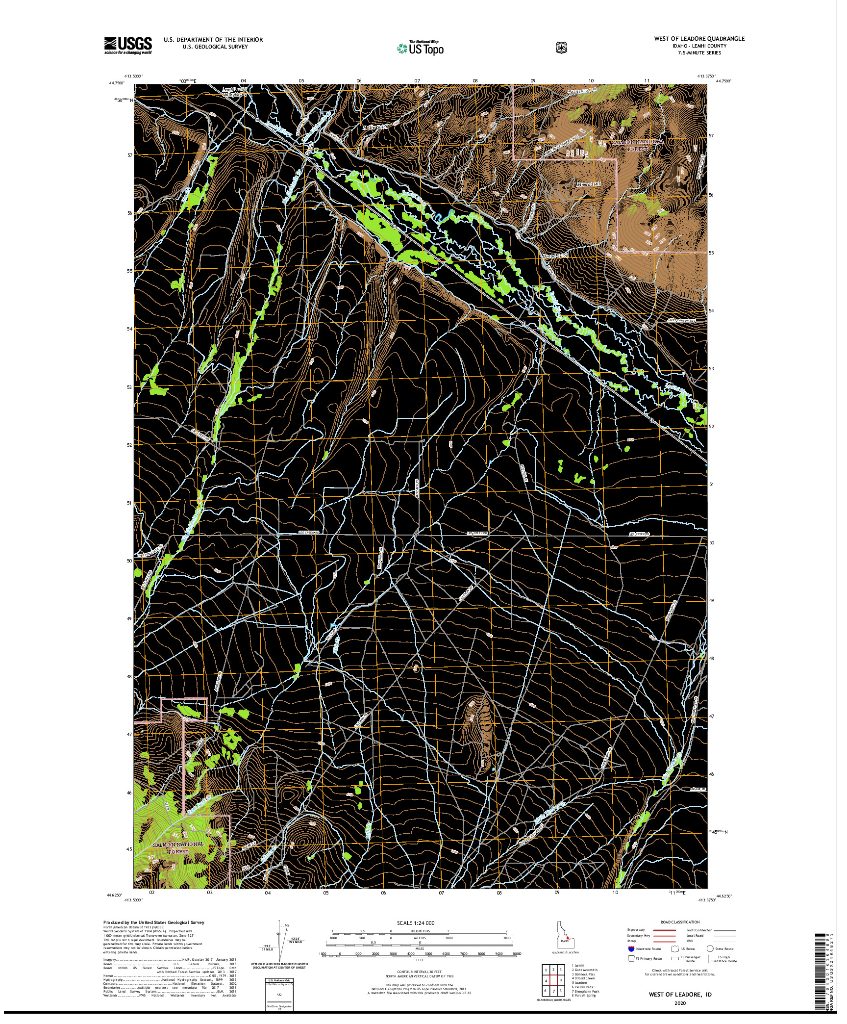 USGS US TOPO 7.5-MINUTE MAP FOR WEST OF LEADORE, ID 2020