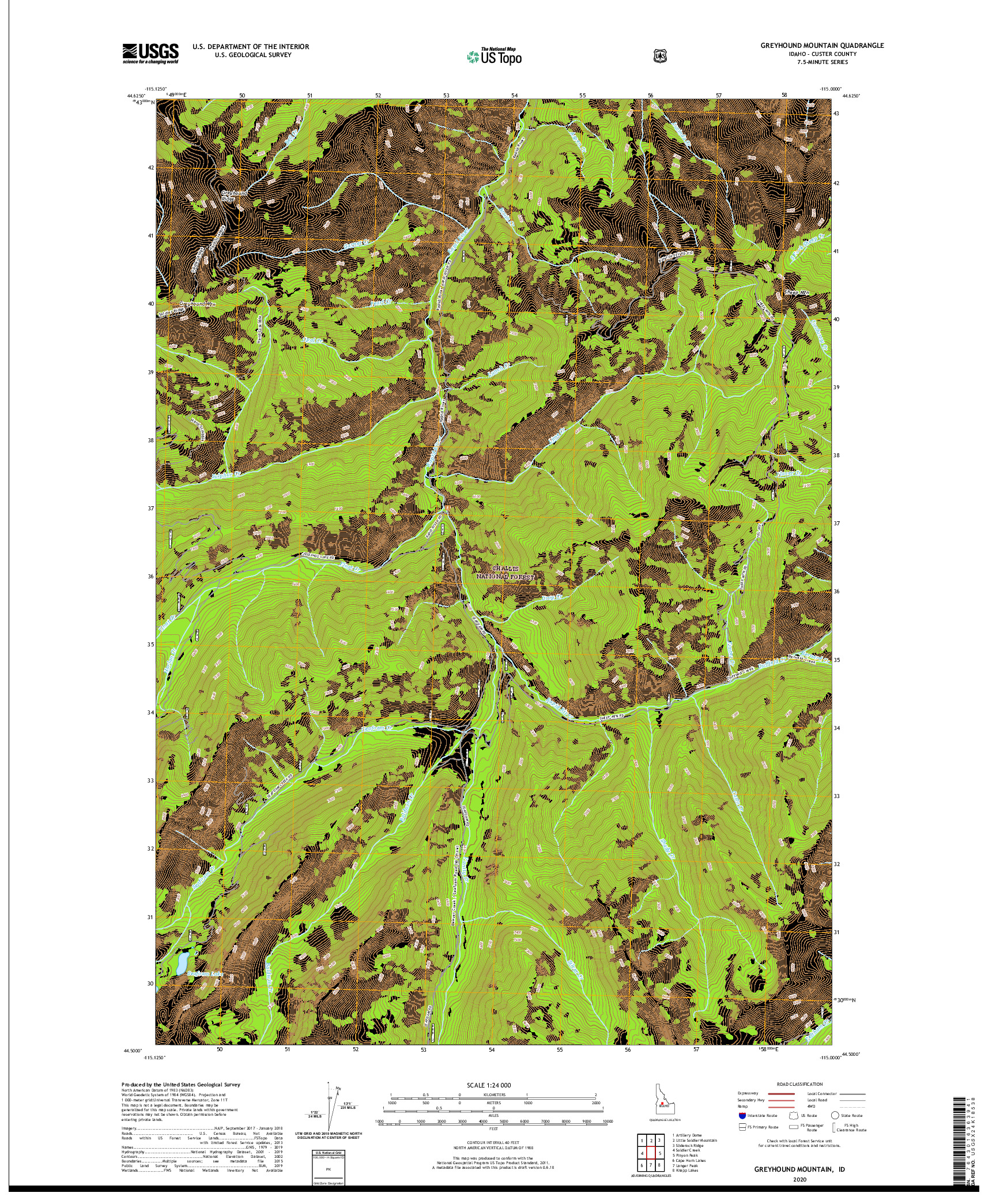 USGS US TOPO 7.5-MINUTE MAP FOR GREYHOUND MOUNTAIN, ID 2020