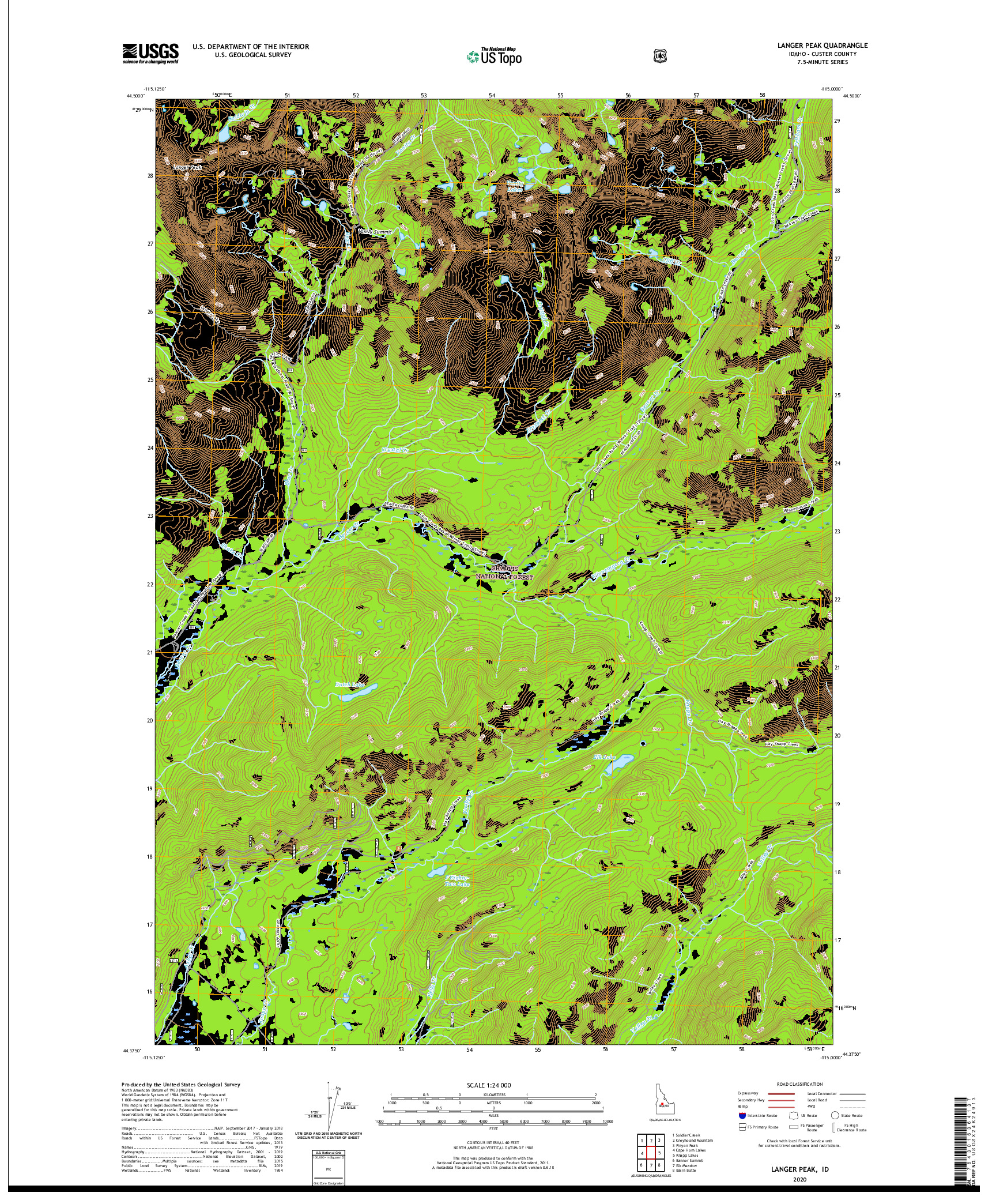 USGS US TOPO 7.5-MINUTE MAP FOR LANGER PEAK, ID 2020