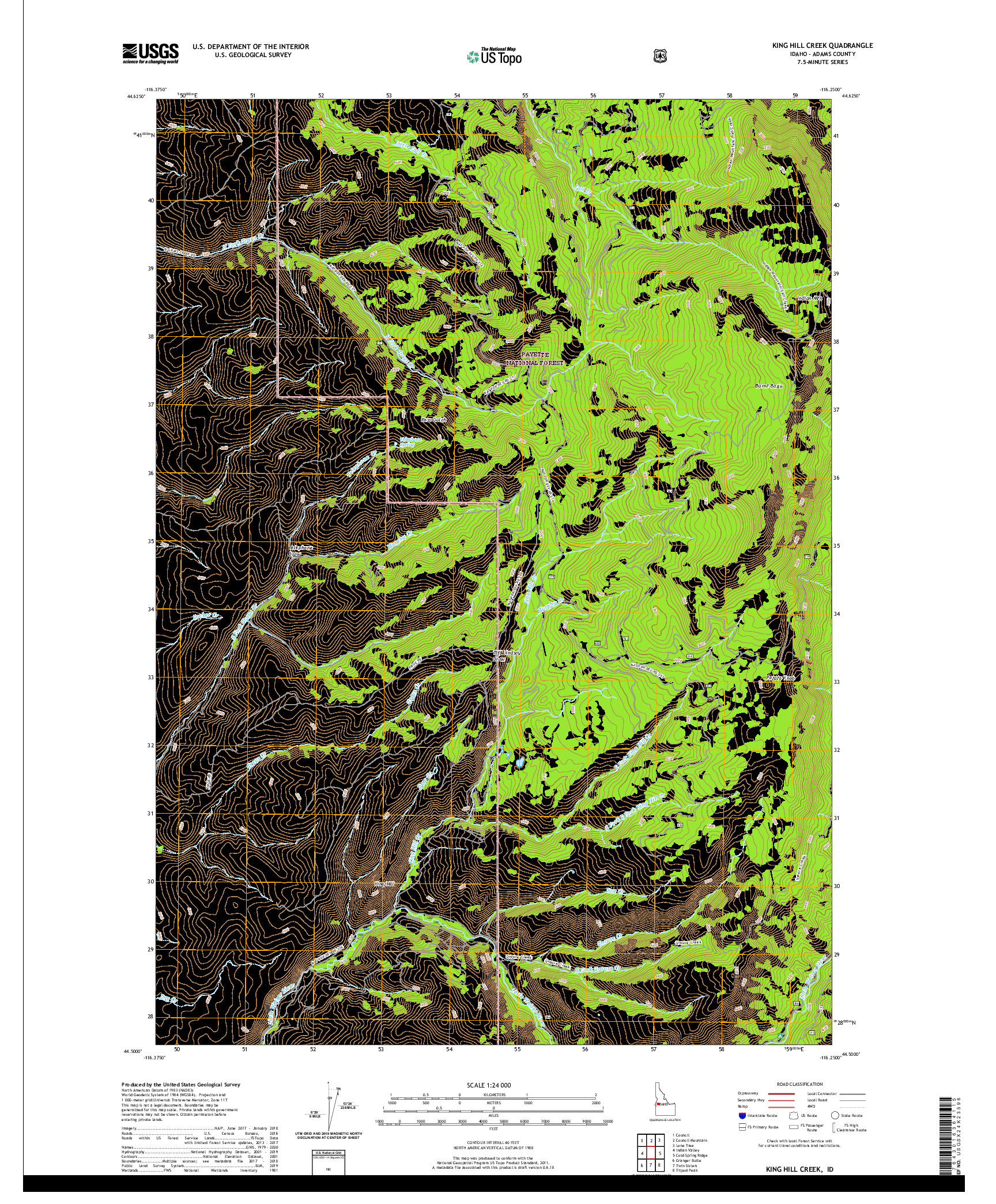 USGS US TOPO 7.5-MINUTE MAP FOR KING HILL CREEK, ID 2020