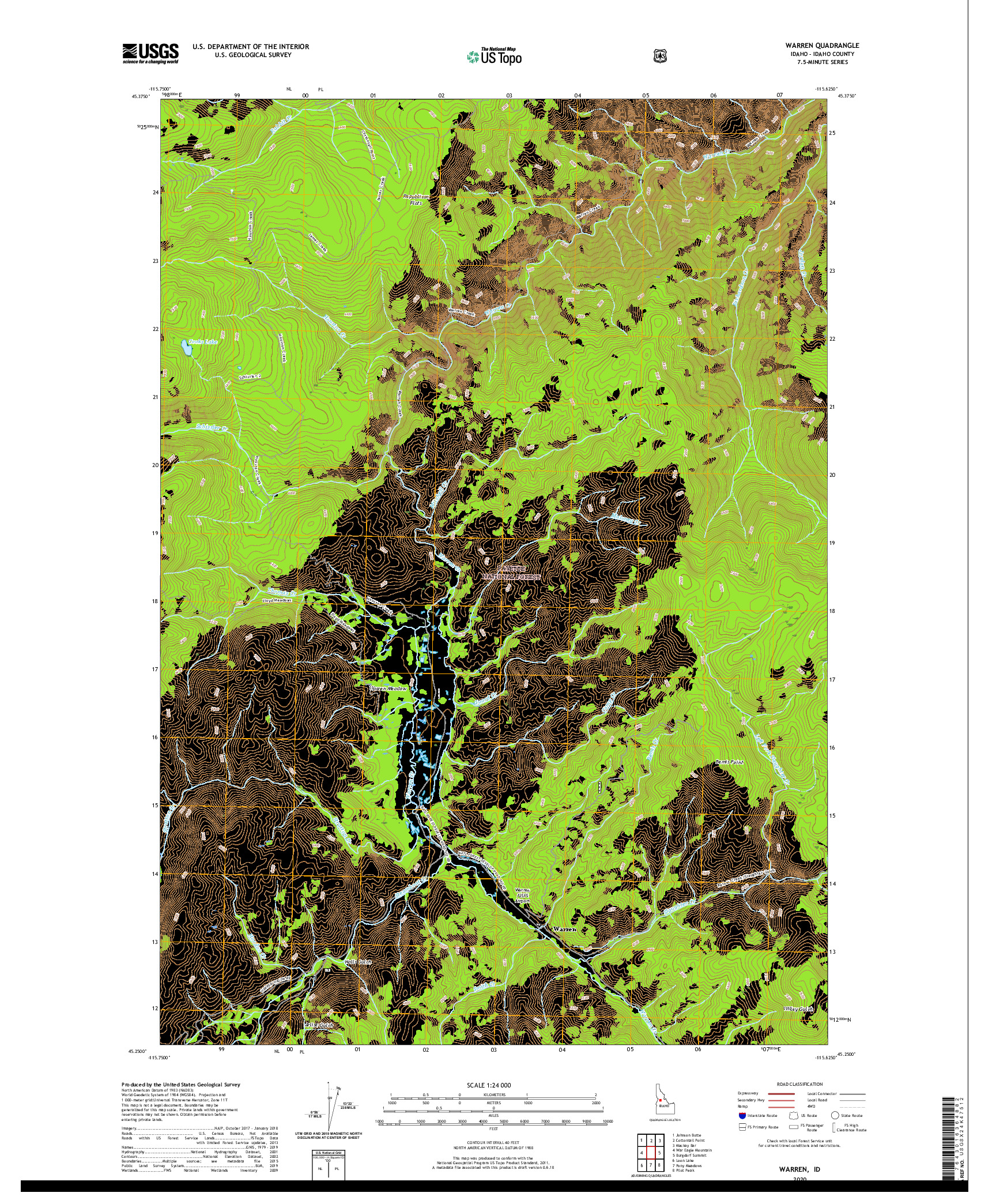 USGS US TOPO 7.5-MINUTE MAP FOR WARREN, ID 2020