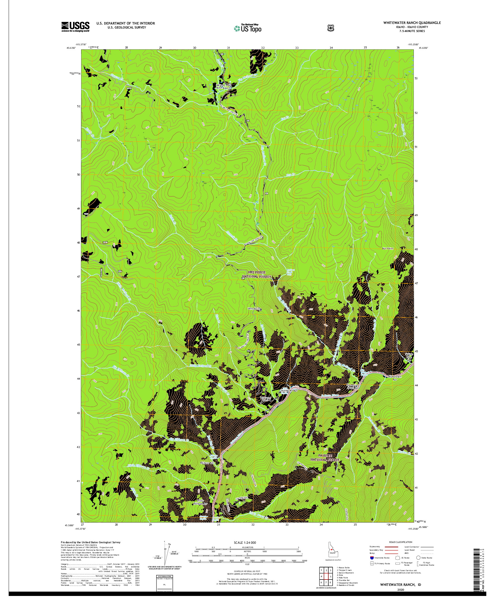 USGS US TOPO 7.5-MINUTE MAP FOR WHITEWATER RANCH, ID 2020