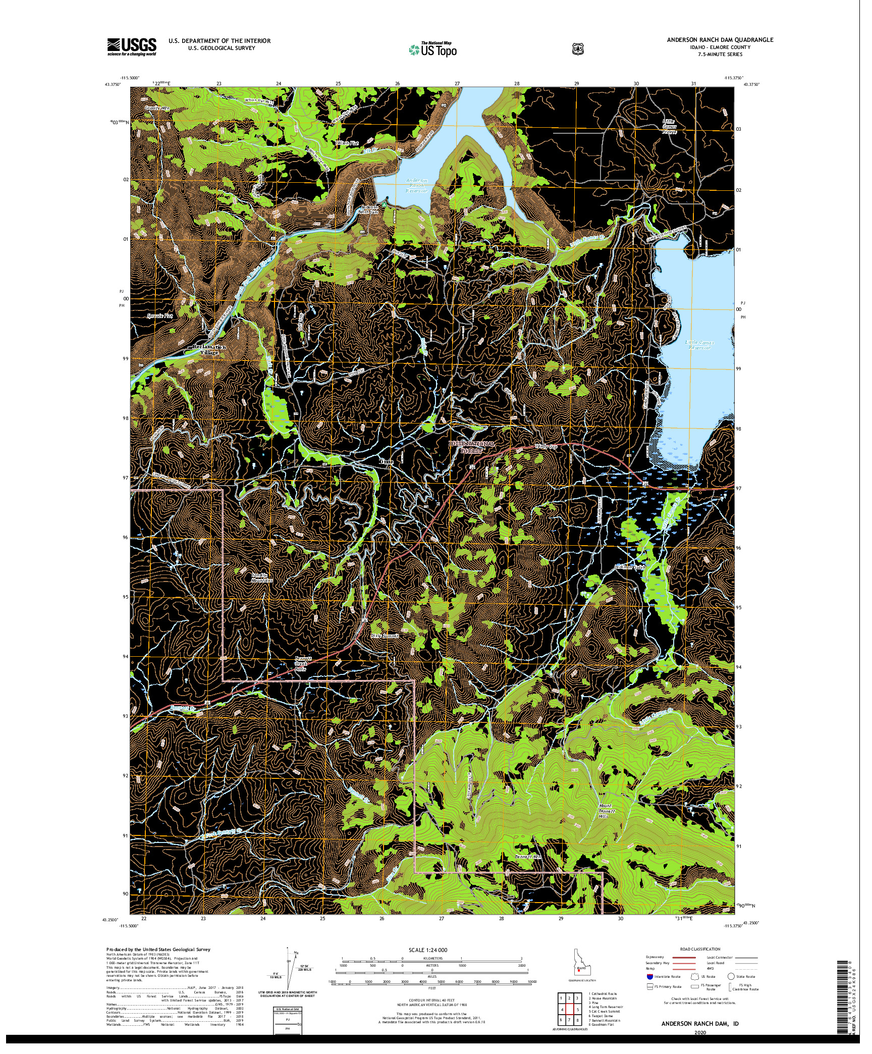 USGS US TOPO 7.5-MINUTE MAP FOR ANDERSON RANCH DAM, ID 2020