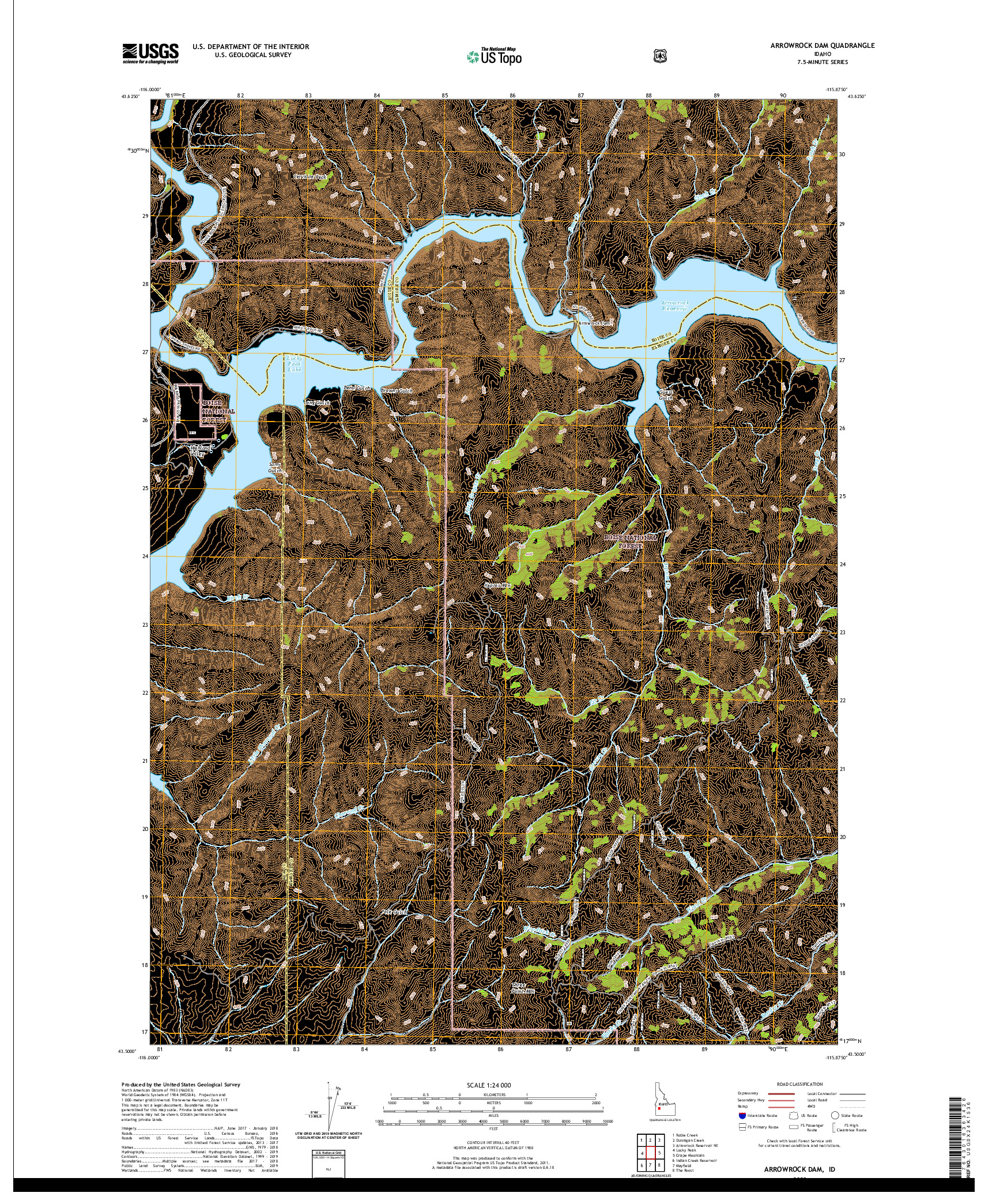 USGS US TOPO 7.5-MINUTE MAP FOR ARROWROCK DAM, ID 2020