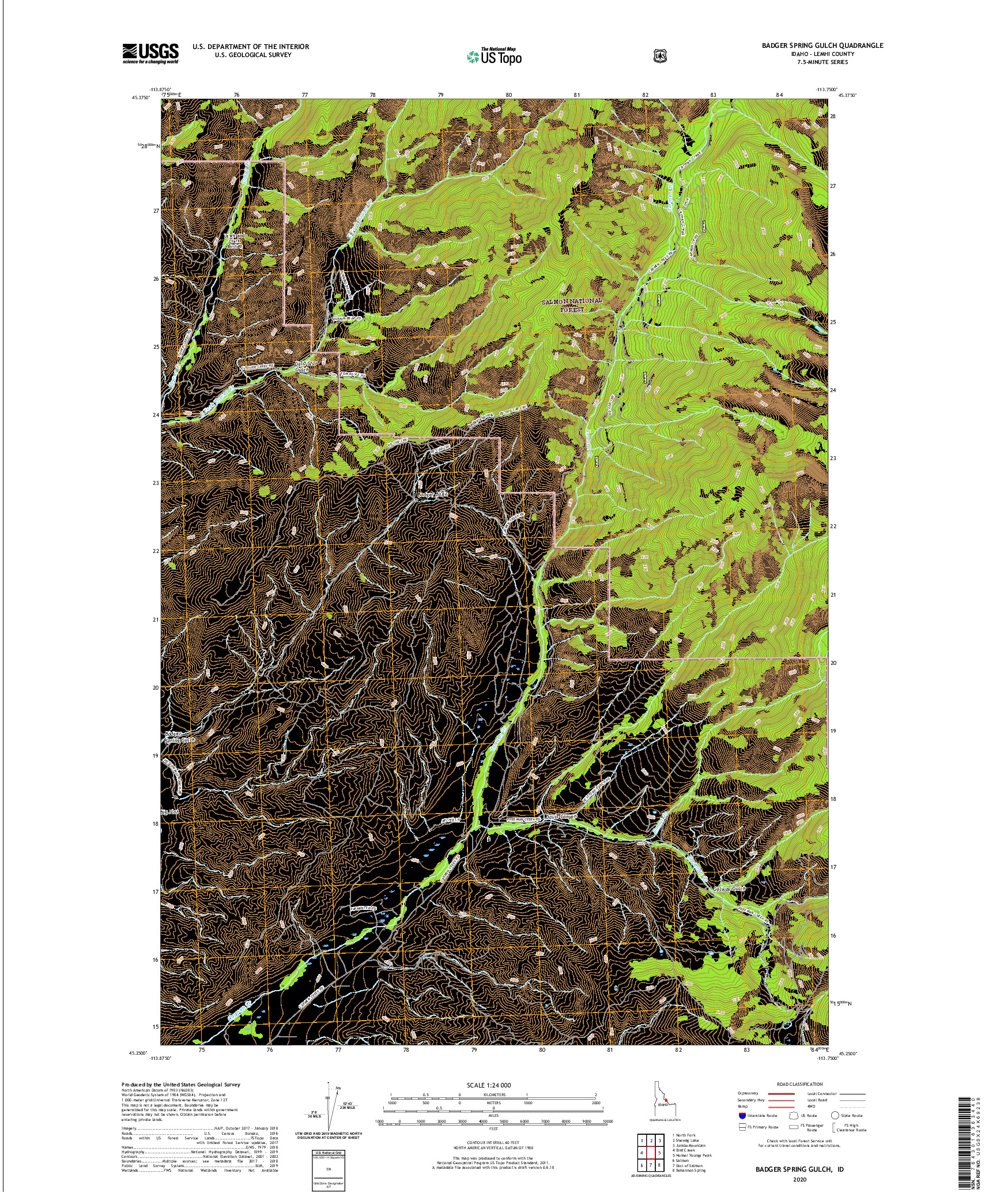 USGS US TOPO 7.5-MINUTE MAP FOR BADGER SPRING GULCH, ID 2020