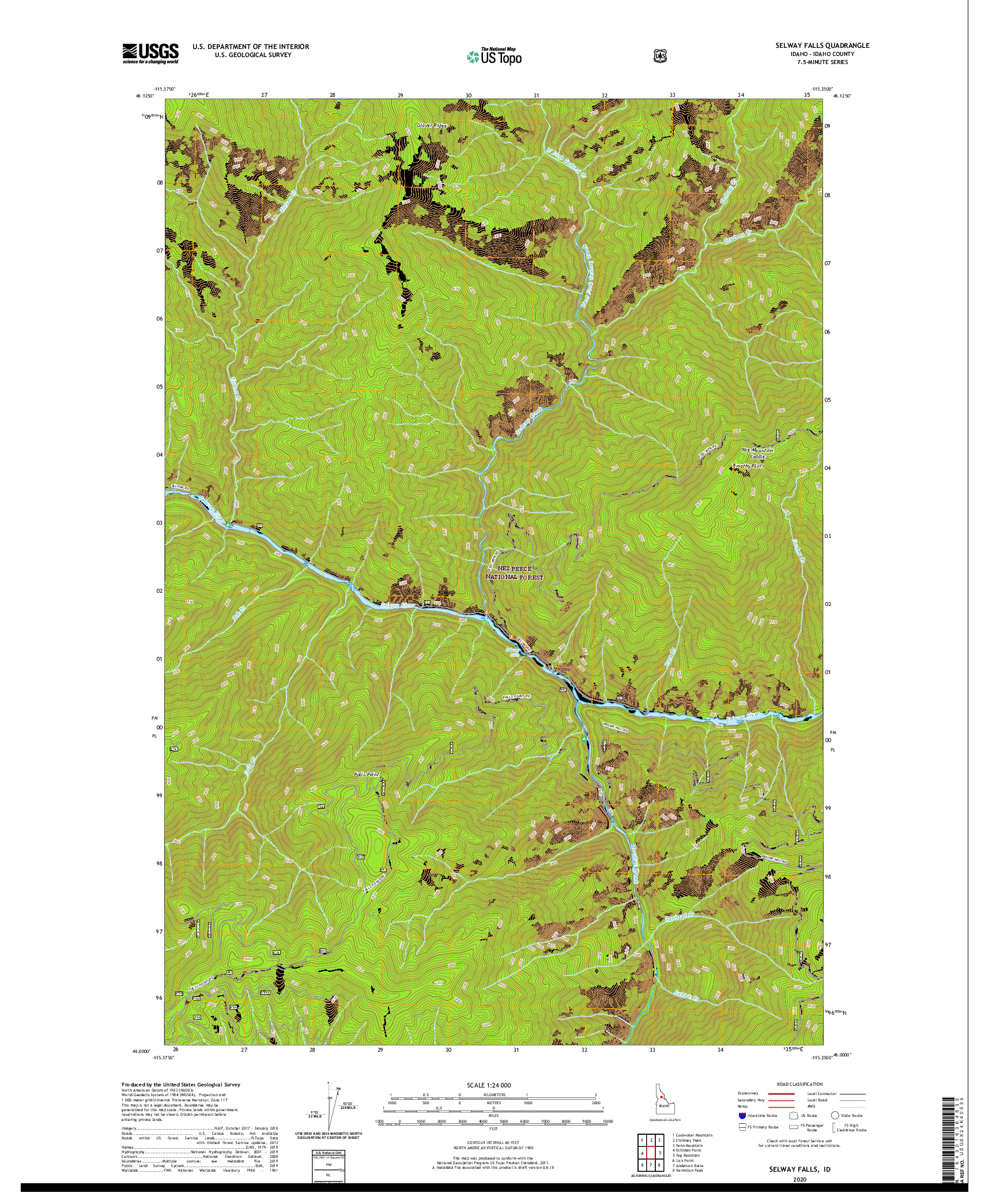 USGS US TOPO 7.5-MINUTE MAP FOR SELWAY FALLS, ID 2020