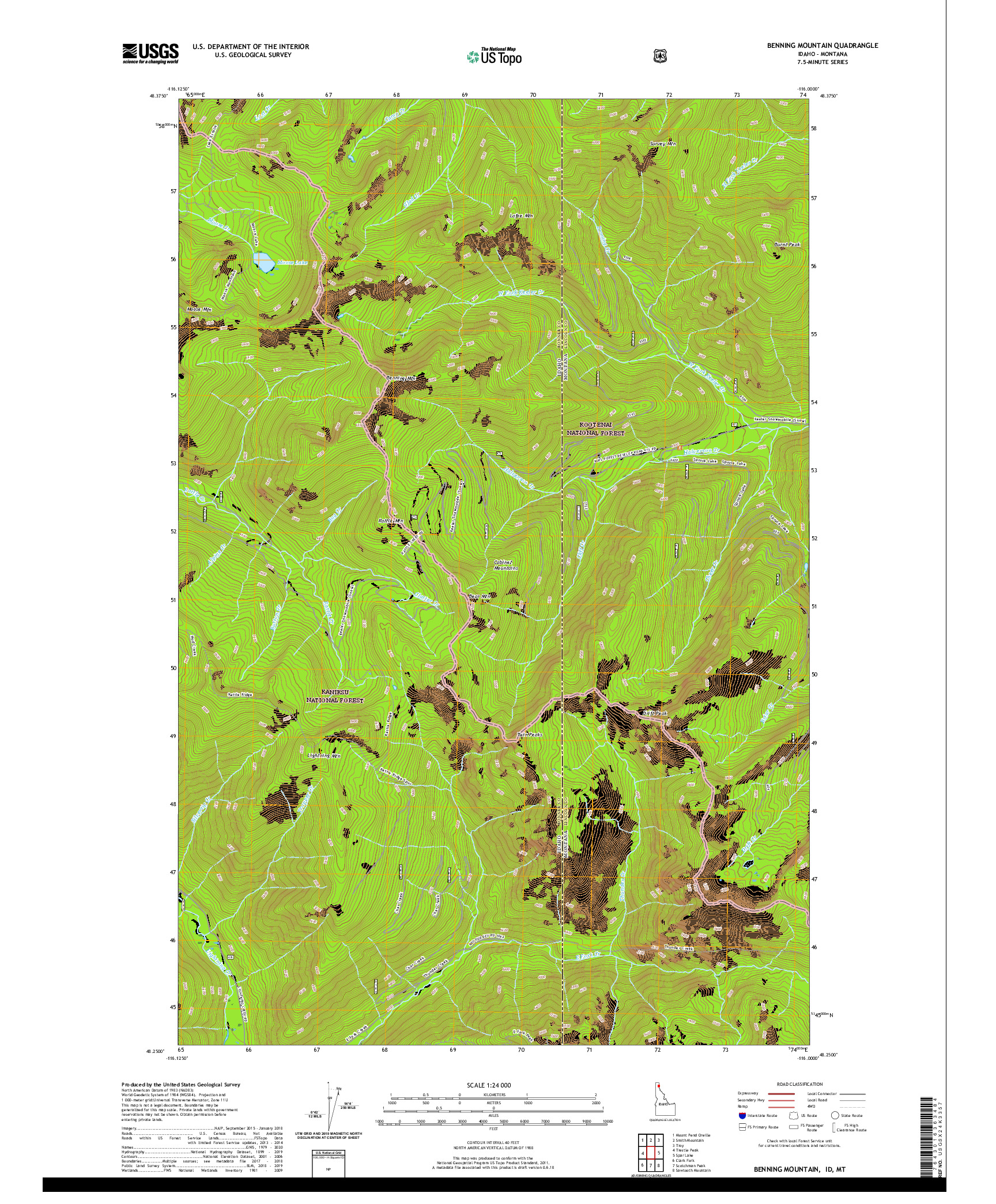 USGS US TOPO 7.5-MINUTE MAP FOR BENNING MOUNTAIN, ID,MT 2020