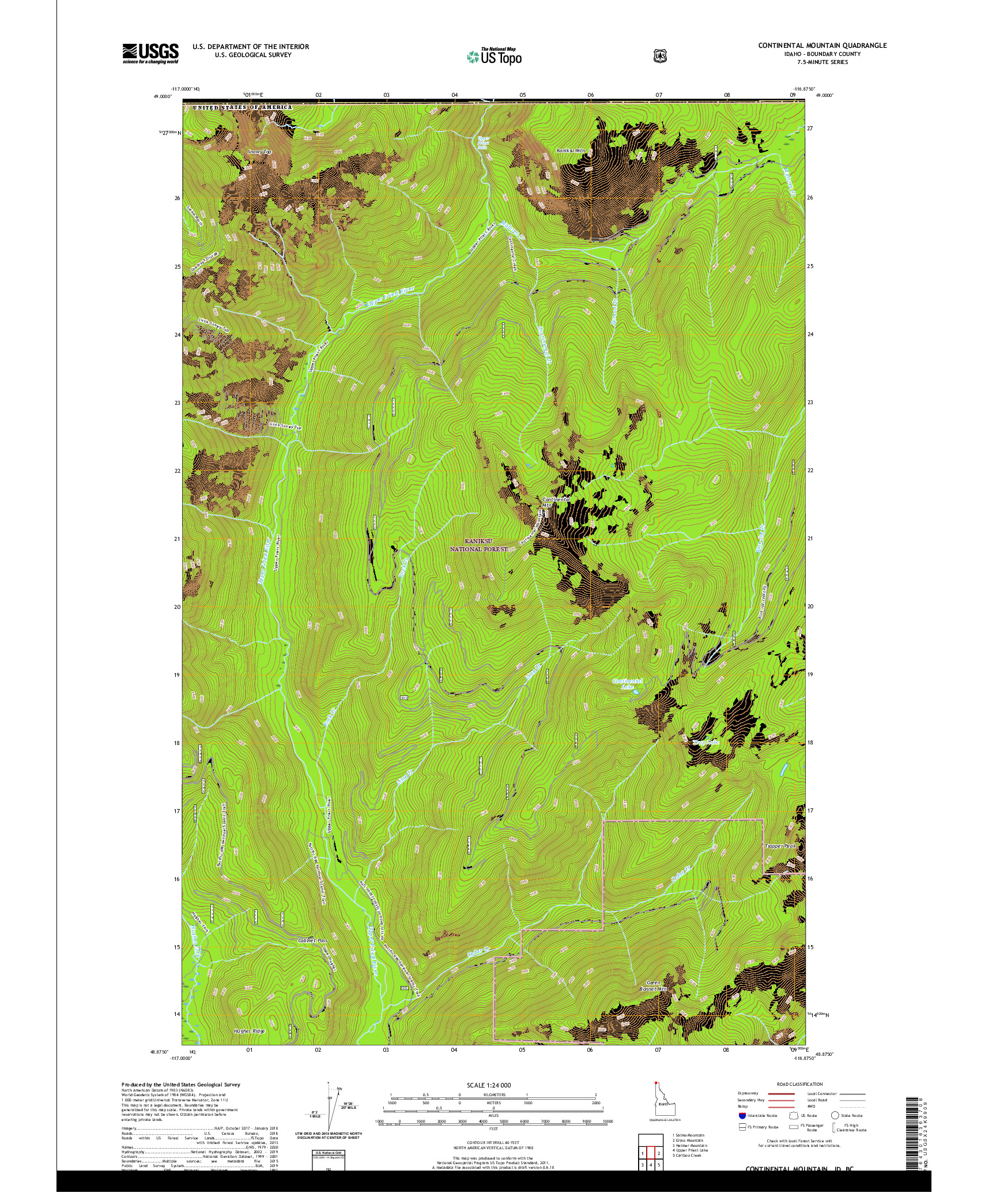USGS US TOPO 7.5-MINUTE MAP FOR CONTINENTAL MOUNTAIN, ID,BC 2020