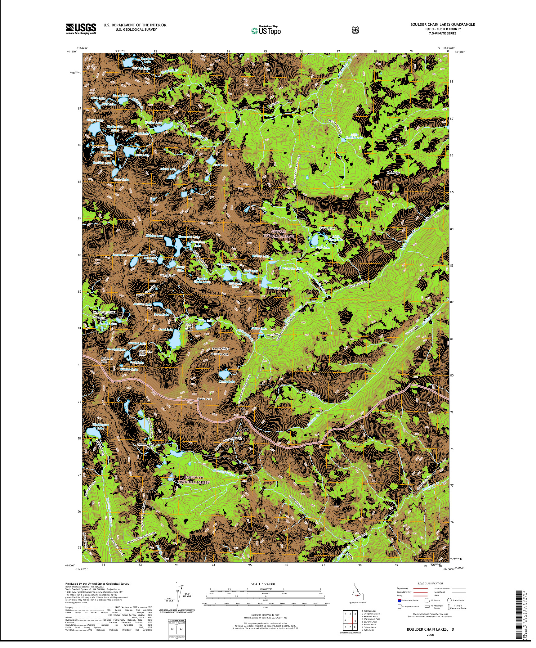 USGS US TOPO 7.5-MINUTE MAP FOR BOULDER CHAIN LAKES, ID 2020