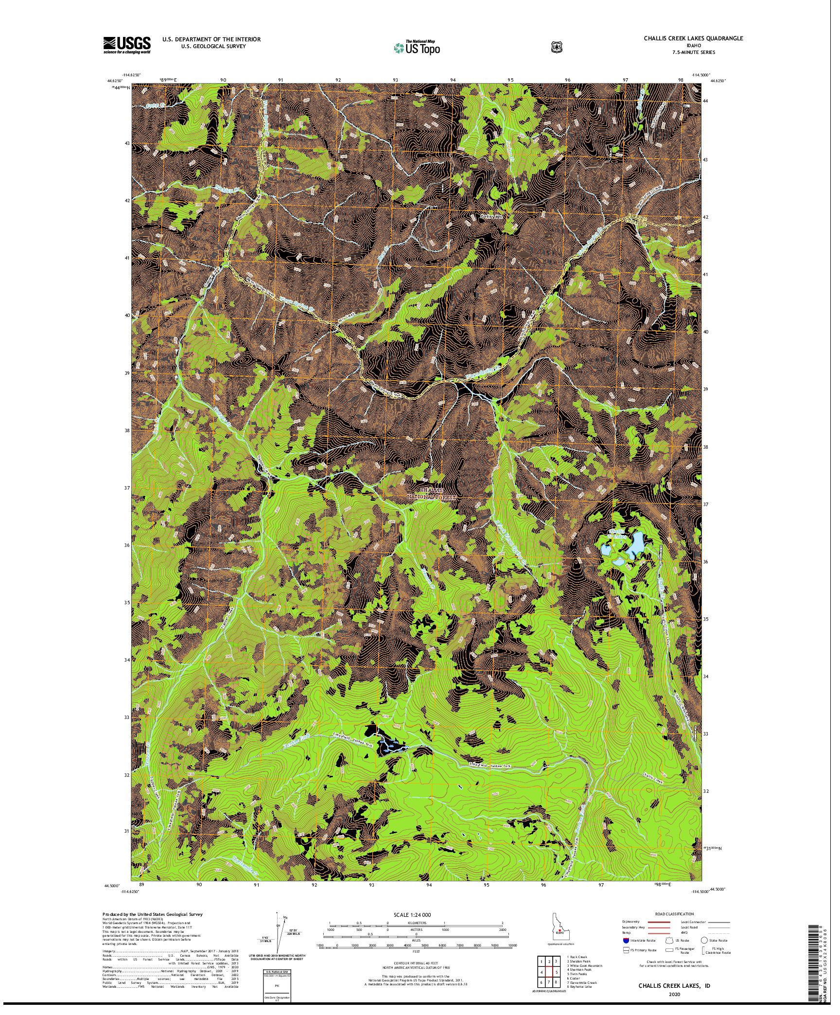 USGS US TOPO 7.5-MINUTE MAP FOR CHALLIS CREEK LAKES, ID 2020