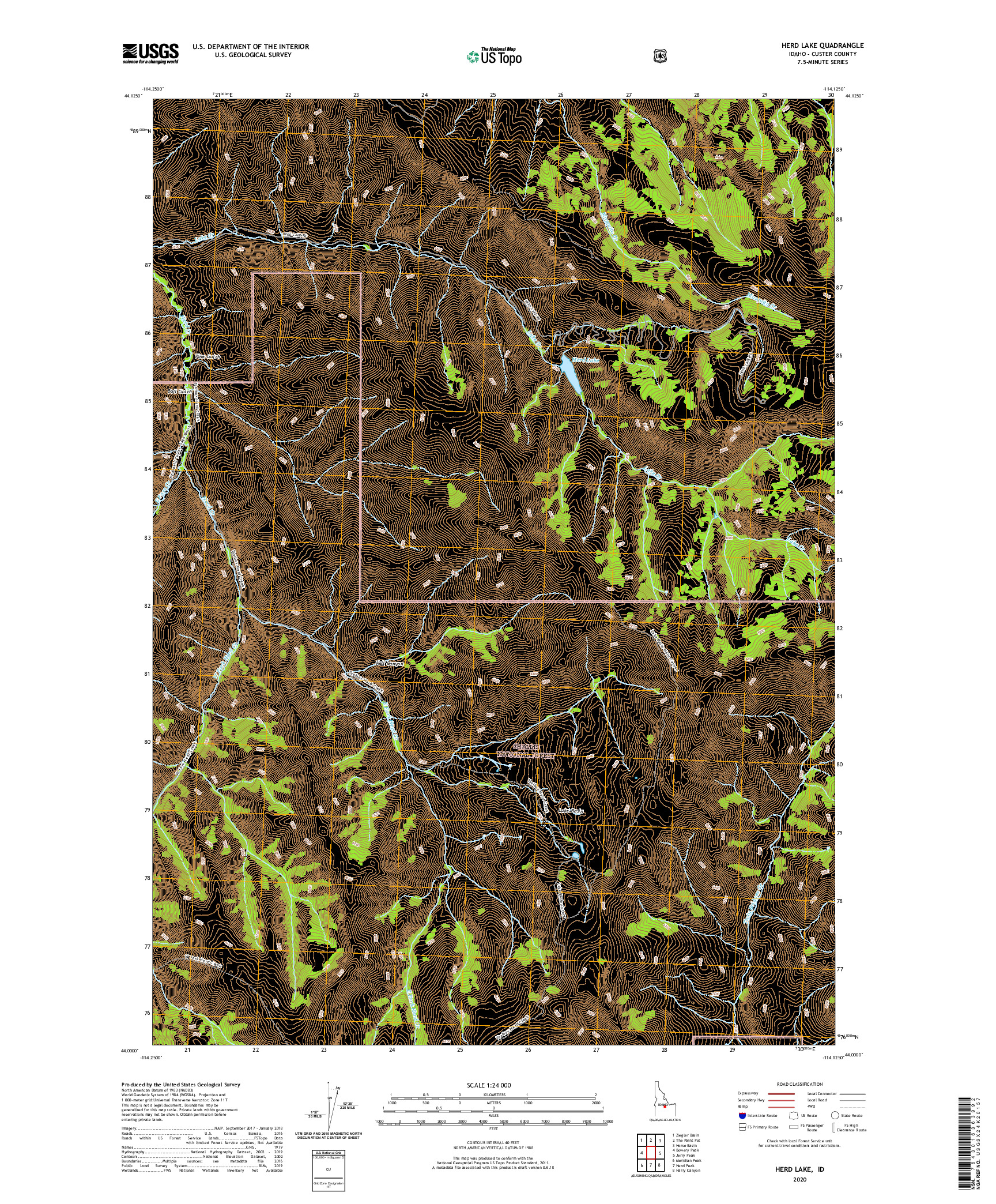 USGS US TOPO 7.5-MINUTE MAP FOR HERD LAKE, ID 2020