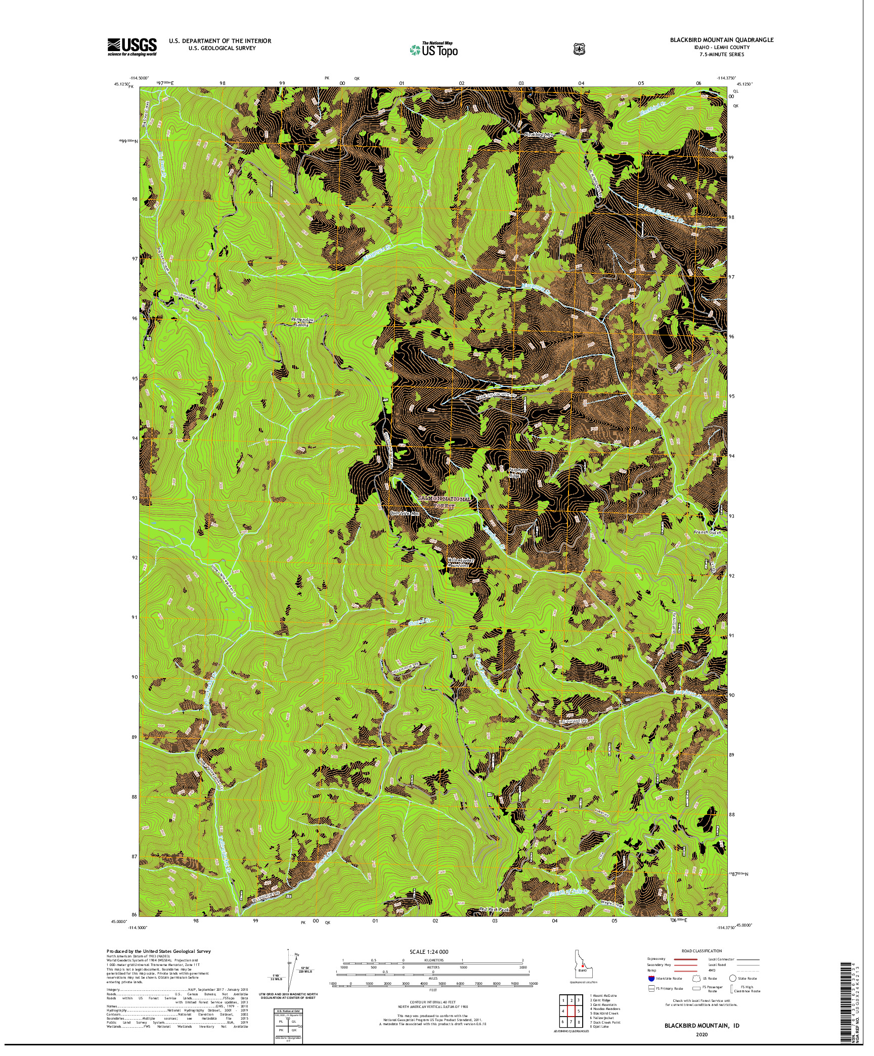 USGS US TOPO 7.5-MINUTE MAP FOR BLACKBIRD MOUNTAIN, ID 2020