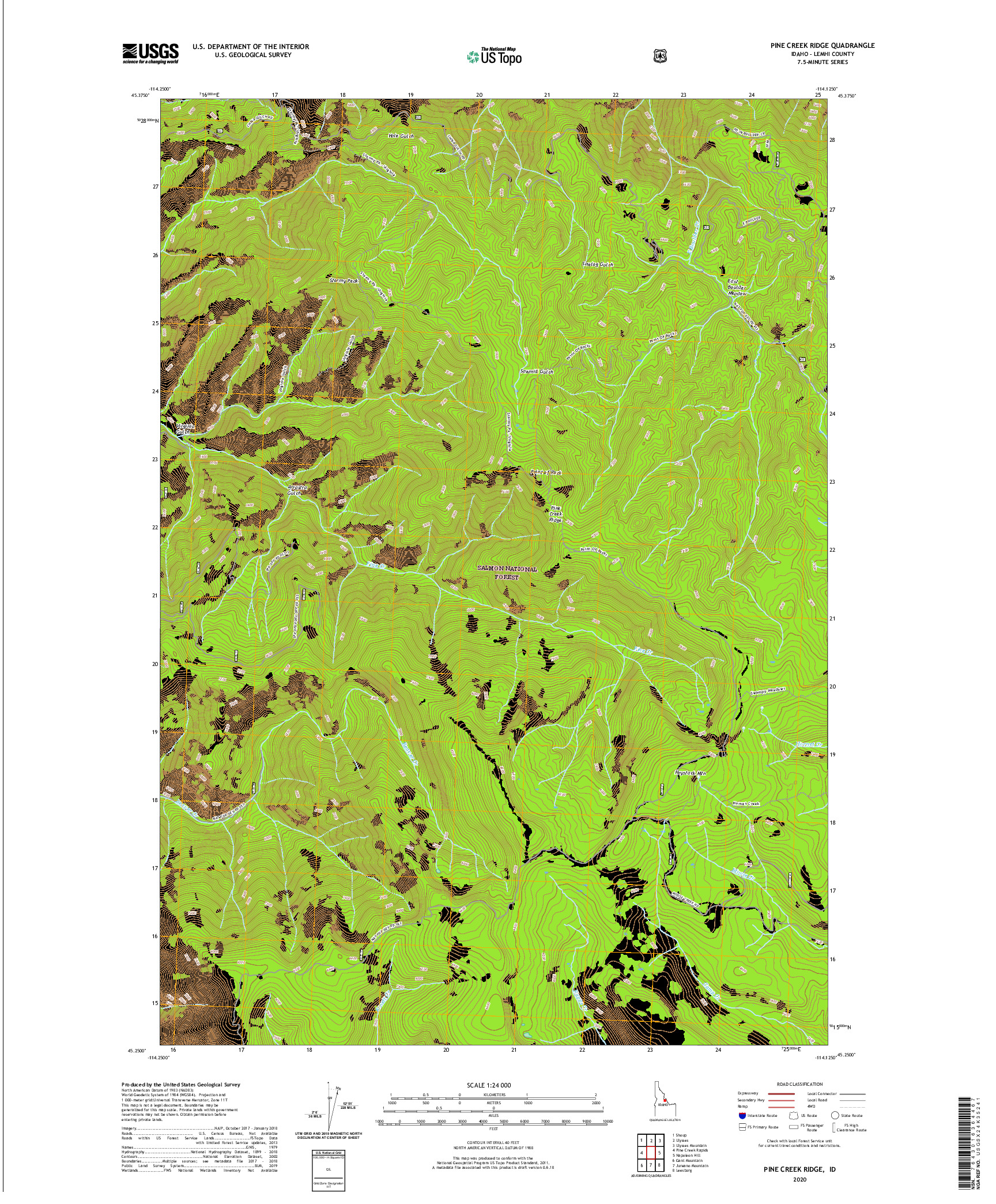 USGS US TOPO 7.5-MINUTE MAP FOR PINE CREEK RIDGE, ID 2020
