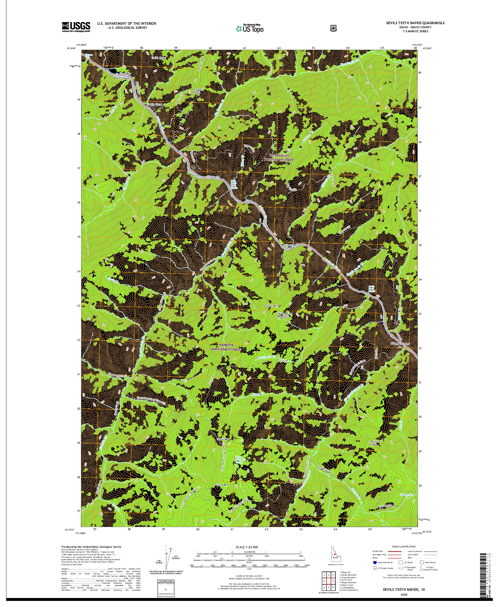 USGS US TOPO 7.5-MINUTE MAP FOR DEVILS TEETH RAPIDS, ID 2020