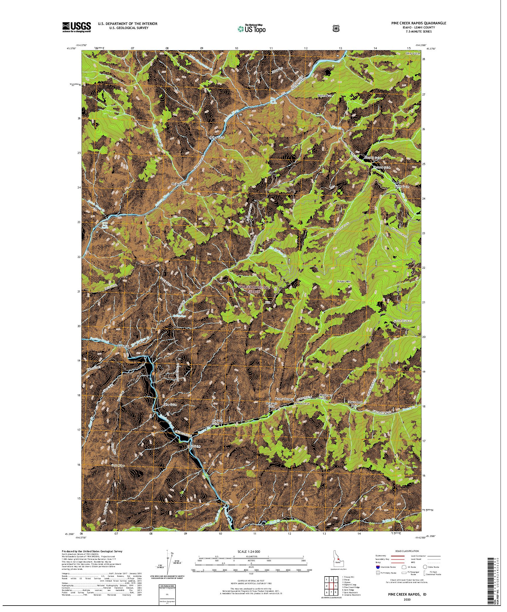 USGS US TOPO 7.5-MINUTE MAP FOR PINE CREEK RAPIDS, ID 2020